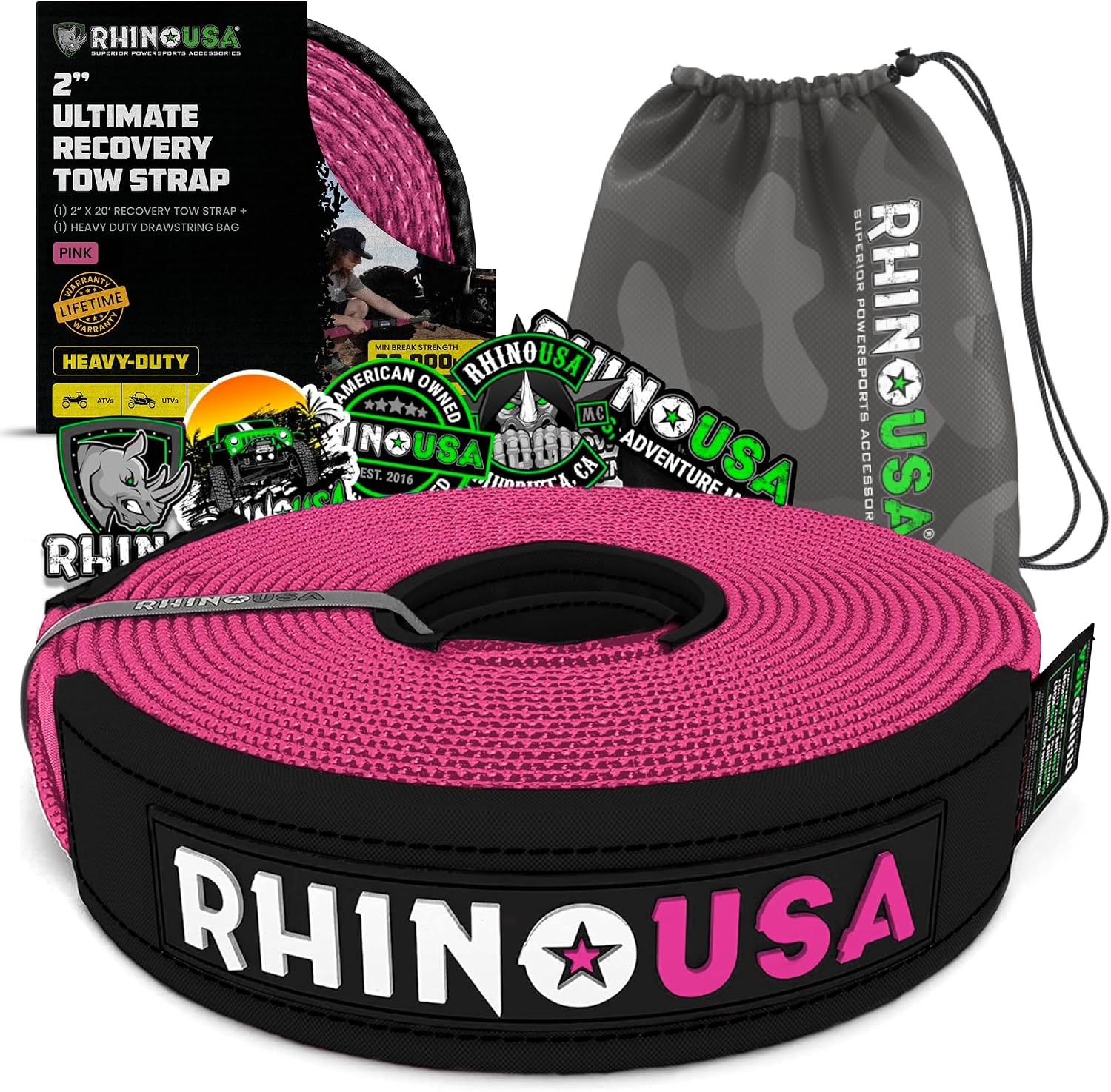 Rhino USA Recovery Tow Strap (3in x 30ft) - 31,518lb Heavy Duty Towing | 31,518lb Break Strength Emergency Tow Strap, Extended 30ft Length. For Truck, UTV, ATV & Jeep Offroad Recovery. Black