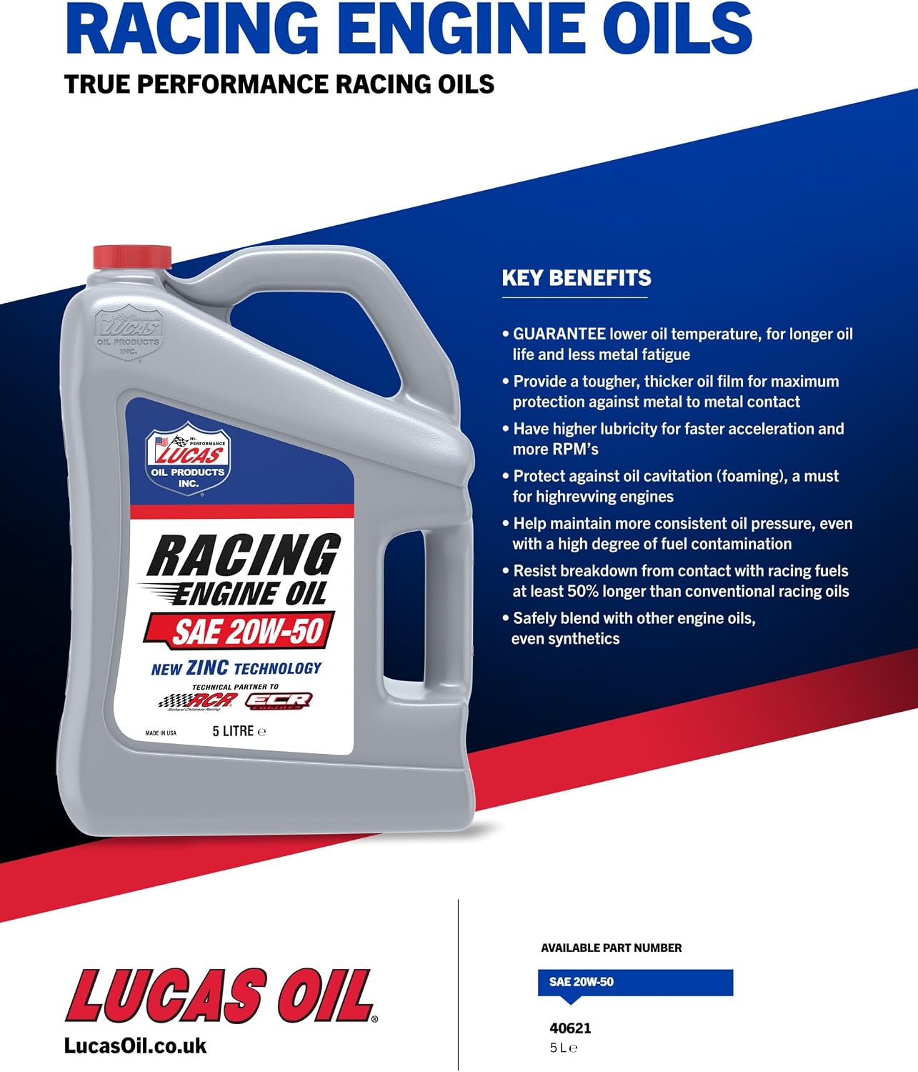 Lucas Oil SAE 20W-50 Racing Engine Oil, 5 Quart (Pack of 1)