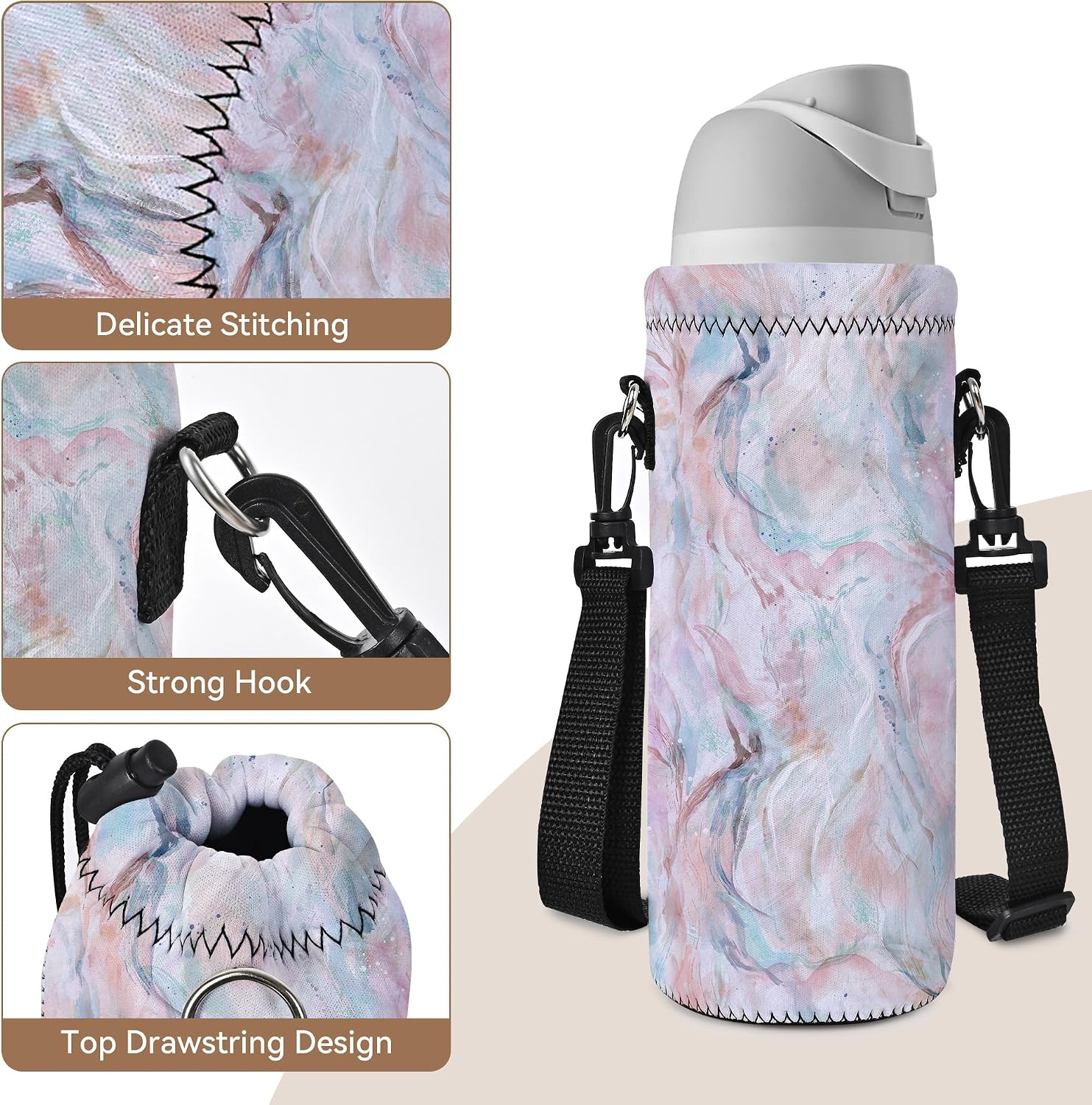 RICHEN Neoprene Water Bottle Carrier Bag with Adjustable Shoulder Strap,Insulated Water Bottle Cover for Stainless Steel/Glass/Plastic Bottles