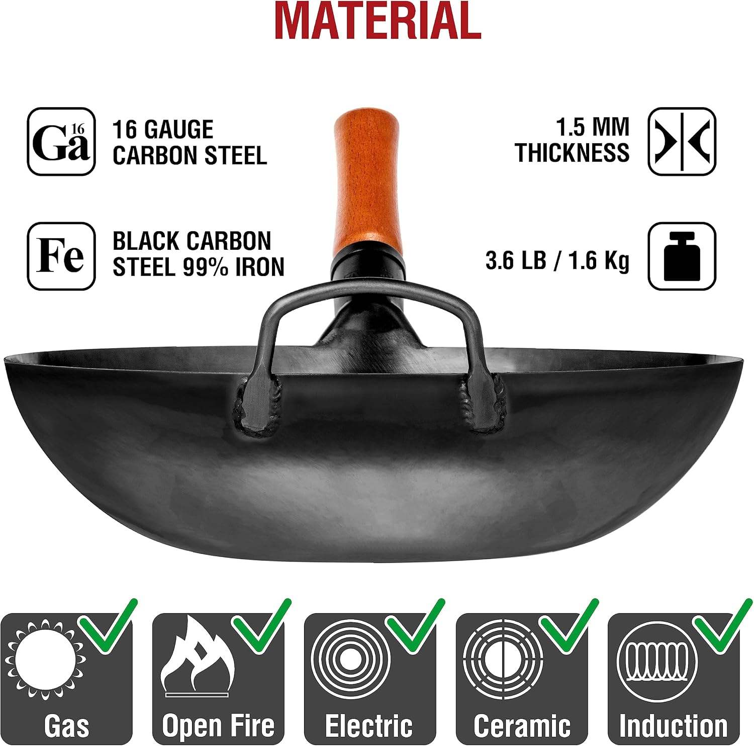 YOSUKATA 13.5" Pre-Seasoned Flat Bottom Black Carbon Steel Wok for Stir Fry