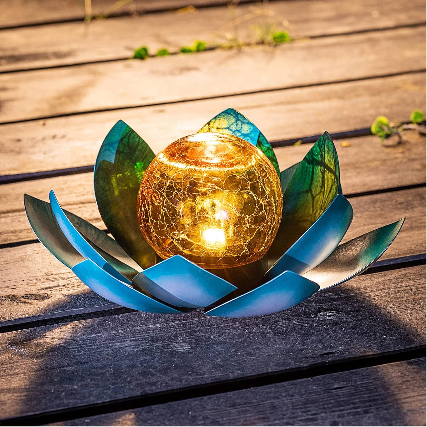 Huaxu Solar Lights Outdoor Garden, Crackle Globe Glass Lotus Decor, Waterproof LED Metal Flower Decorations for Patio,Lawn,Walkway,Tabletop,Ground