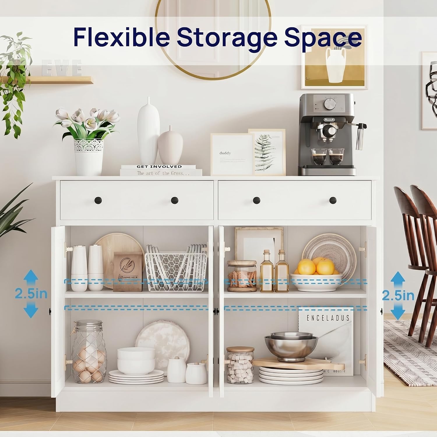 holzart White Buffet Cabinet with Storage, 49" Modern Kitchen Sideboard with 4 Doors & Adjustable Shelves, Wood Coffee Bar Cabinet Console Table for Dining Room, Living Room, Entryway