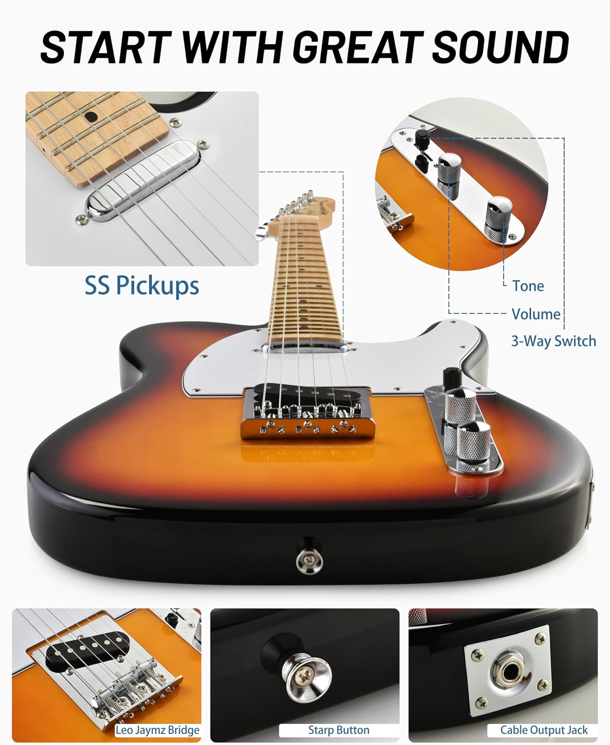 Leo Jaymz Beginner Electric Guitar Complete Kit with Portable Amp, Padded Gig Bag & Full Accessories, Maple Neck (TL-White)