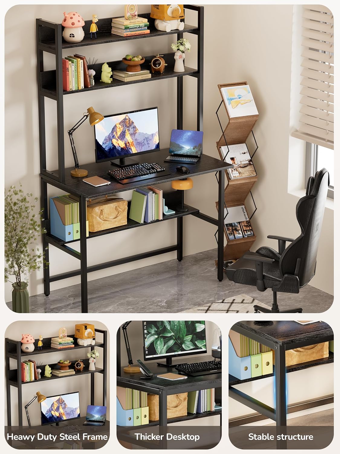 Aquzee Computer Desk with Shelves, 47" W x 23.6" D Gaming Desk with Hutch and Bookshelf