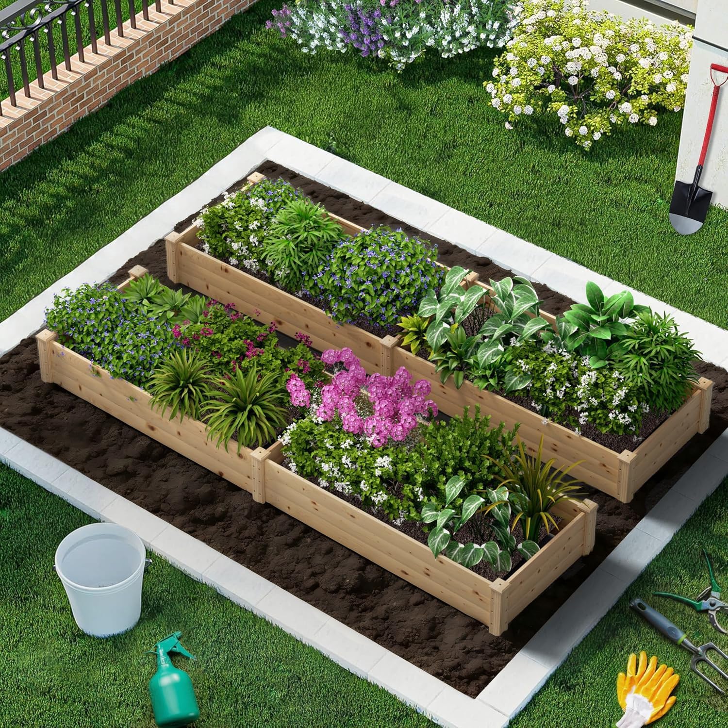 Crownland Outdoor Gardens 8 ft Raised Garden Bed Wooden Patio Raised Beds Backyard Elevated Planter Box Grow Vegetables Fruits Herb Yard Fast Easy