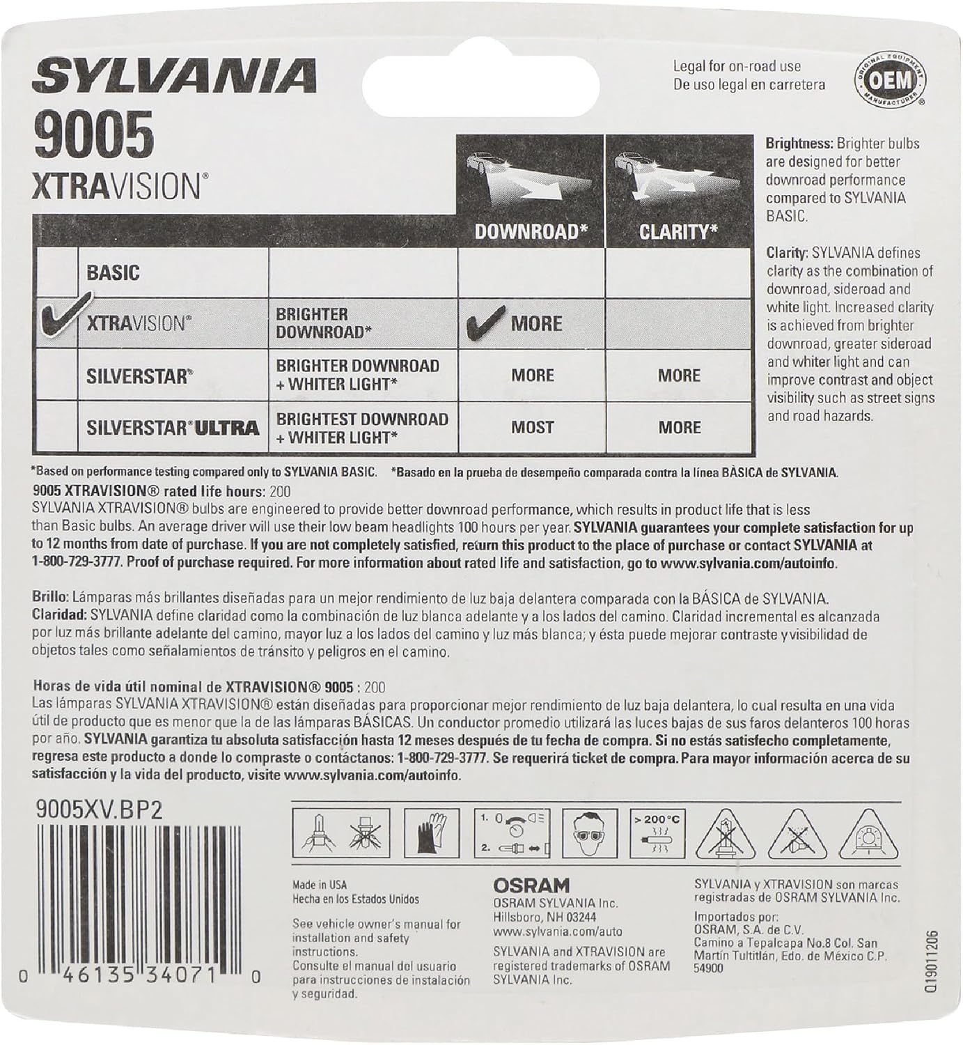 SYLVANIA - 9005 XtraVision Halogen Headlight Bulb - High-Performance Car Headlight - Halogen Light with No Glare - For Automotive - 2 Bulbs