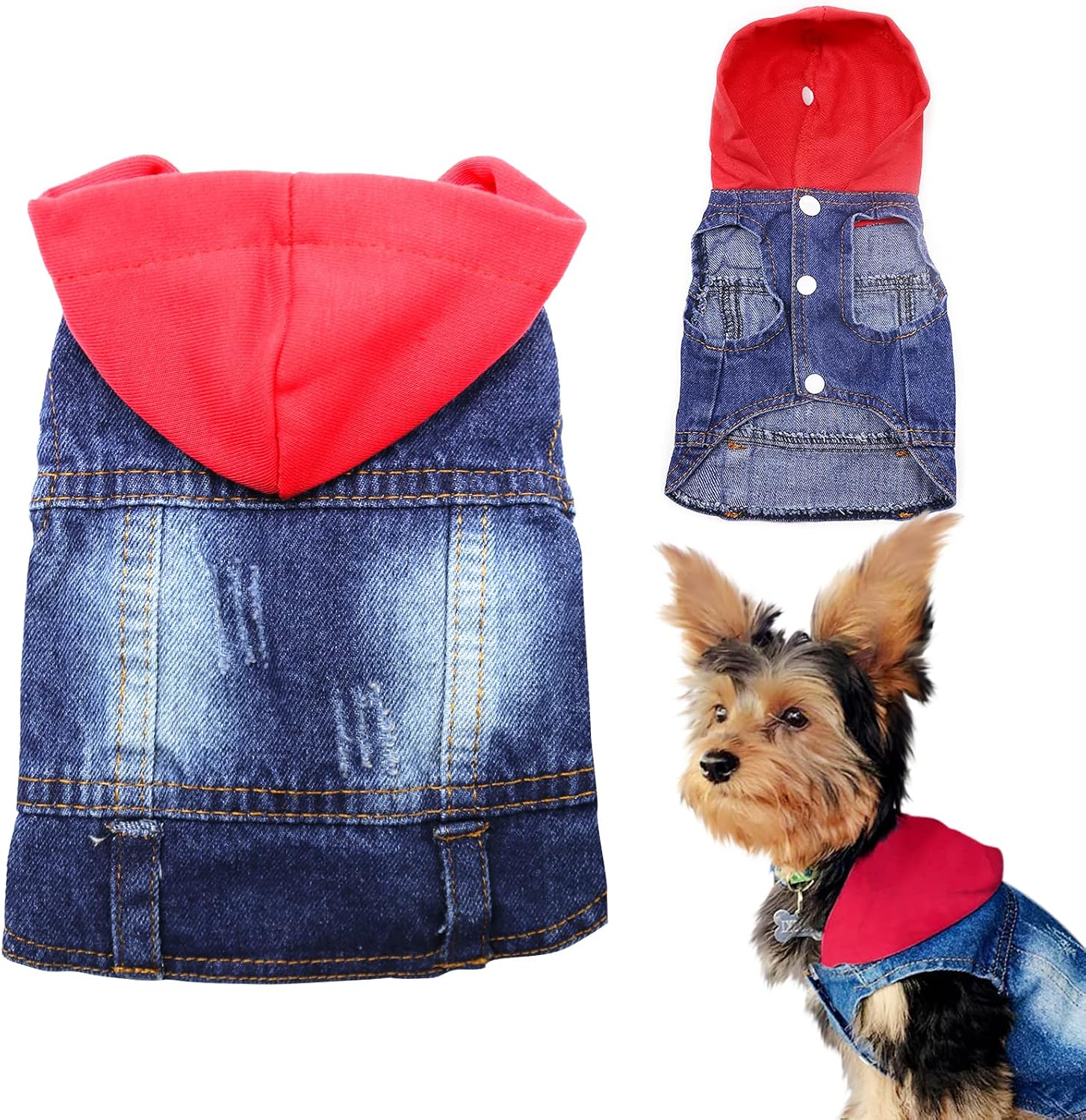 SILD Pet Dog Jeans Jacket Vest with Hooded Blue Dogs Hoodies Denim Cat Coat | Boy Girl Male Dogggie Puppy Cute Vintage Cool Classic Small Medium Machine Washable Apparel Clothes Outfit T-Shirts Costume
