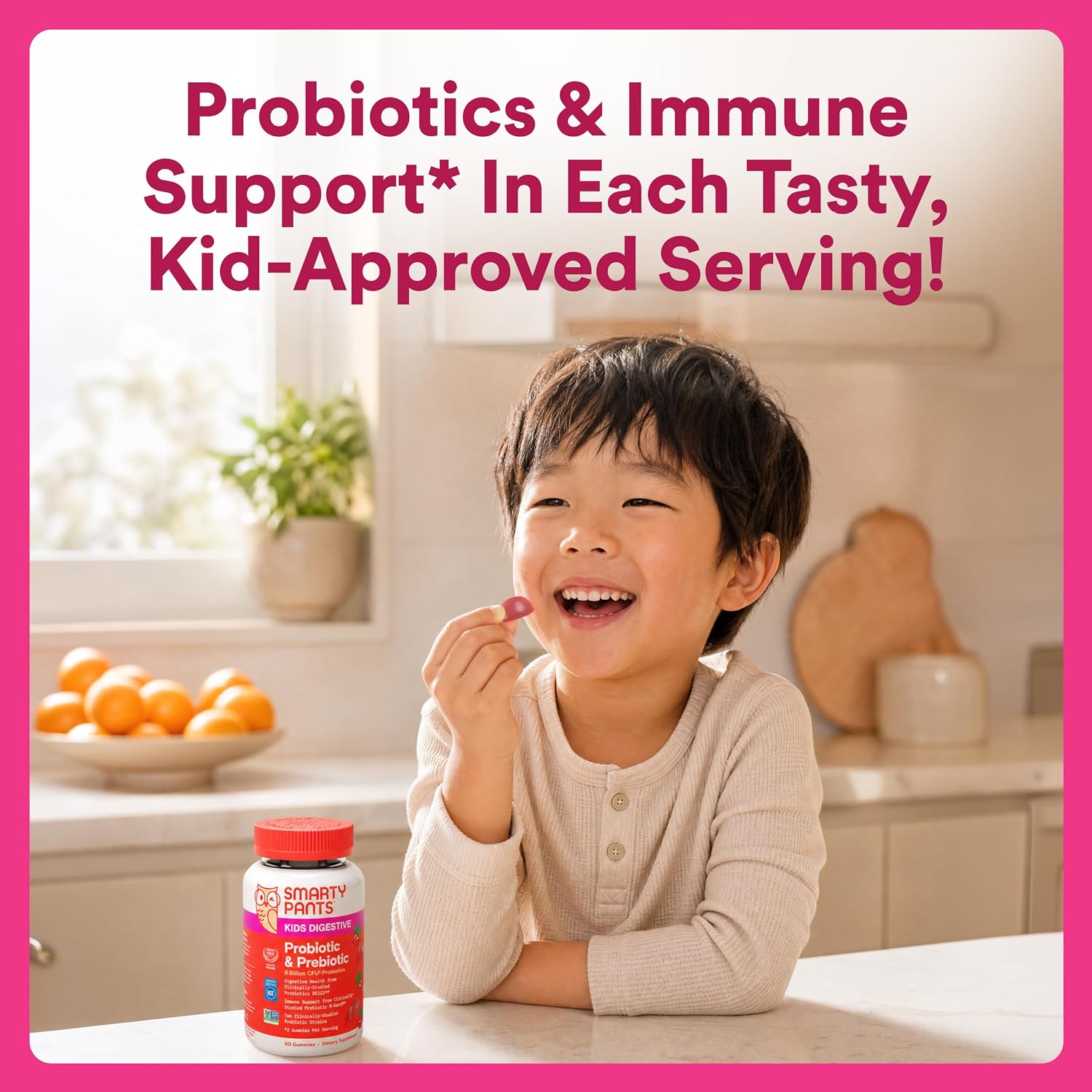 SmartyPants Kids Probiotic & Prebiotic Gummies for Digestive Health: Gut Health Supplement, Clinically Studied Prebiotic for Immune Support, Strawberry, 60 Count (30 Day Supply)