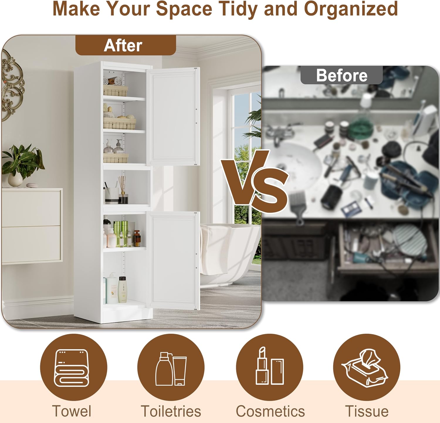 pozdeg 67" Tall Narrow White Metal Storage Cabinet | 2 Doors, 4 Adjustable Shelves, Freestanding Slim Pantry Organizer for Bathroom Kitchen Living Room
