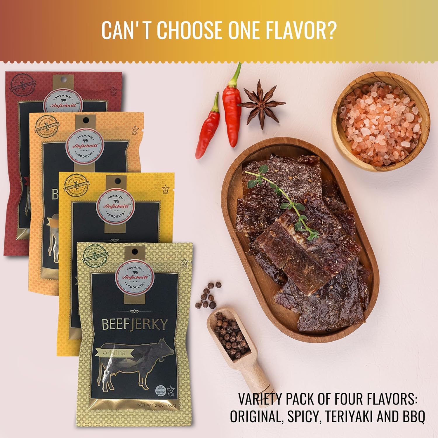Aufschnitt Grass Fed Beef Jerky - Low Sodium, Certified Kosher - Made in USA - Keto Friendly - 3 Pack, Sweet Variety