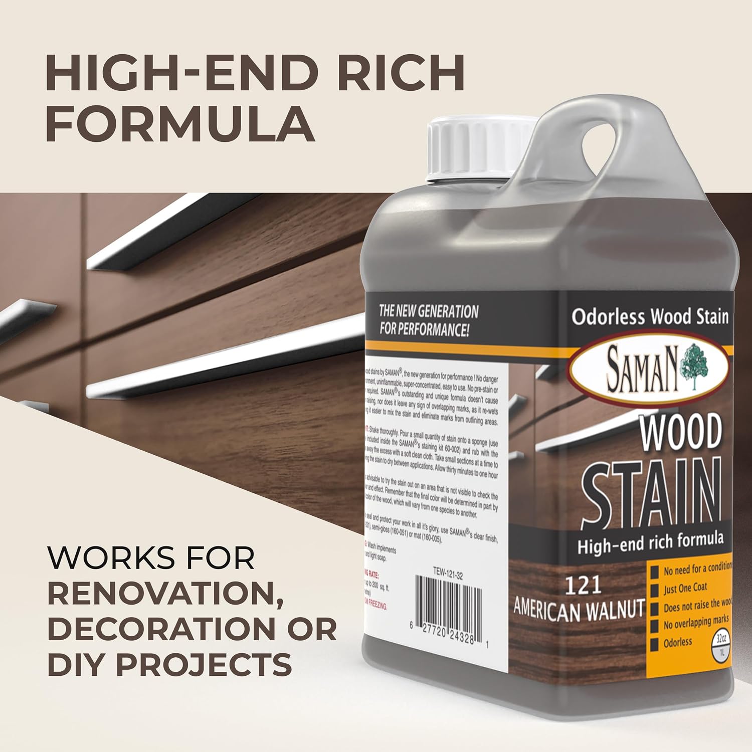 SamaN Interior Water Based Wood Stain - Natural Stain for Furniture, Moldings, Wood Paneling, Cabinets (Antique Walnut TEW-212-12, 12 oz)