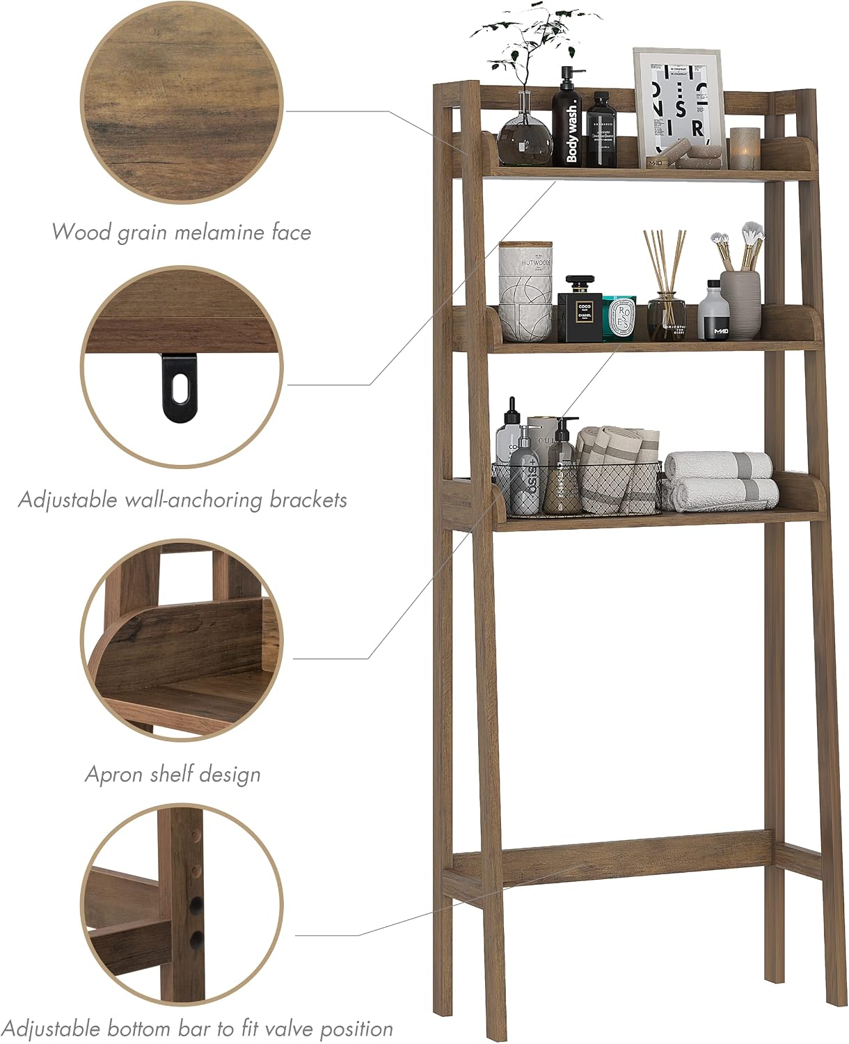 UTEX Over The Toilet Storage Shelf, 3-Tier Bathroom Organizer, White | FSC-Certified MDF, Open Ladder Design, Adjustable Lower Crossbar, Anti-tip Hardware, 33-Inch Clearance, Raised Side Guards