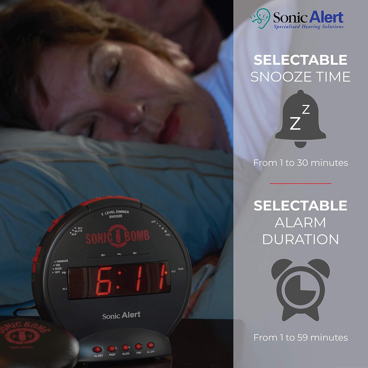 Sonic Bomb Dual Extra Loud Alarm Clock with Bed Shaker, Black | Sonic Alert Vibrating Alarm Clock Heavy Sleepers, Battery Backup | Wake with a Shake