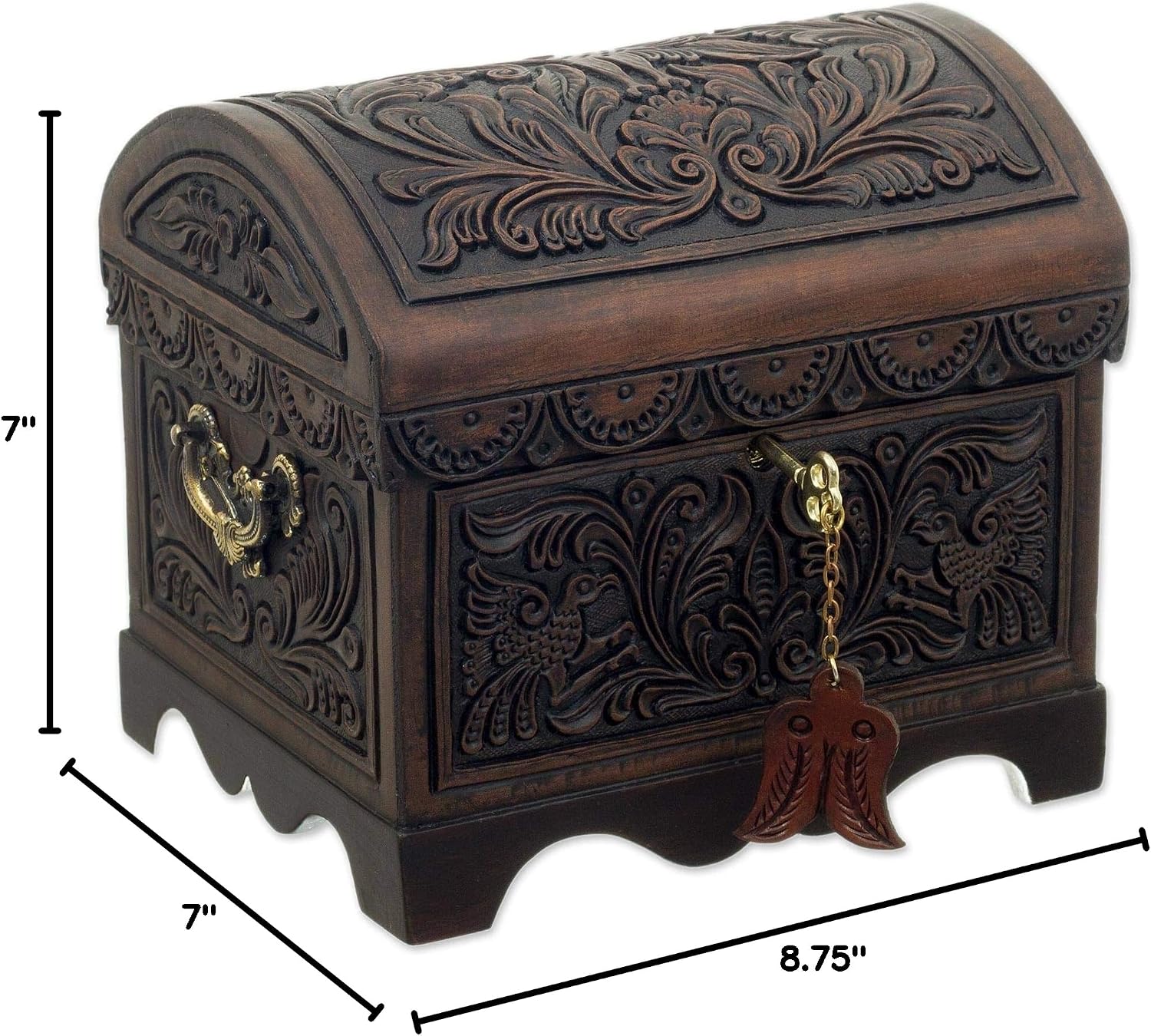 NOVICA Artisan Handmade Cedar and Leather Decorative Box | Floral Bird Motif | Brown Wood Accessories | 'Andean Flight' | 7" H x 8.75" W x 7" D