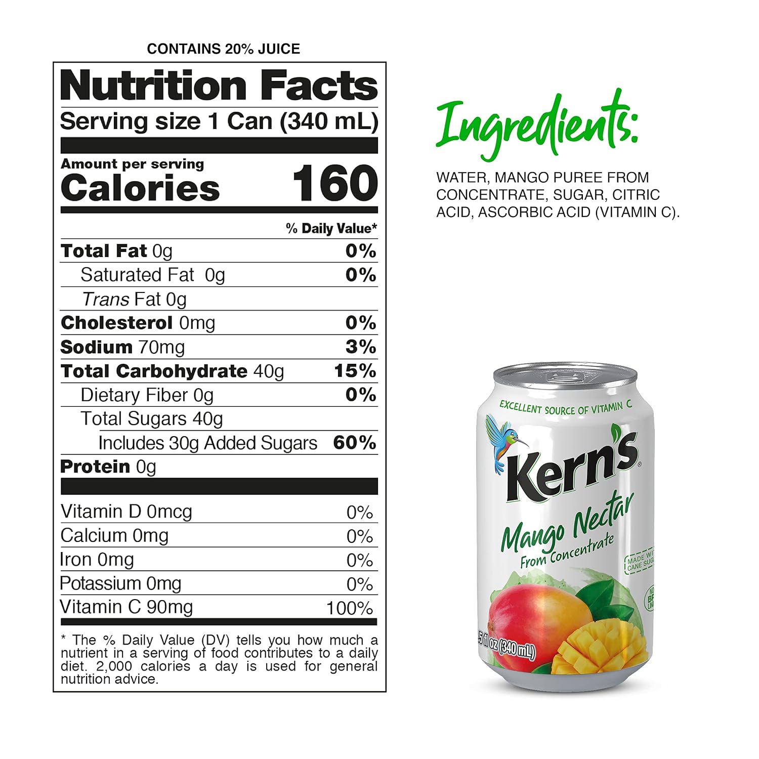 Kern’s Tropical Fruit Nectar Juice Variety Pack - Mango Nectar & Peach Juice - Made from Fruit Puree for Smoothie Mix, Cocktail Mixers & Kids Drinks - 11.5oz, 12 Pack Canned Drinks