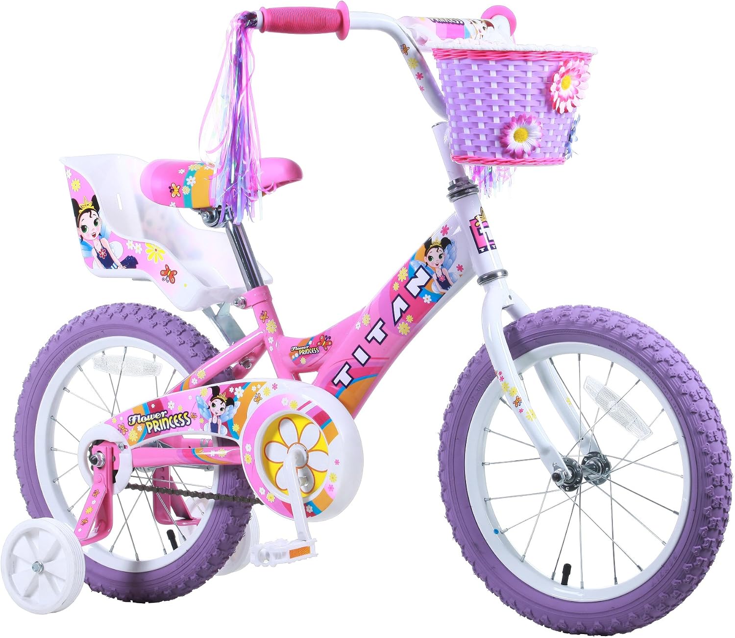Titan Girls BMX Bike for Kids Ages 4-7, 16-Inch Wheels, 9-Inch Frame, Training Wheels, Toy Seat, Doll Basket, Streamers, First Bike, Princess Bicycle, Gift for Girls