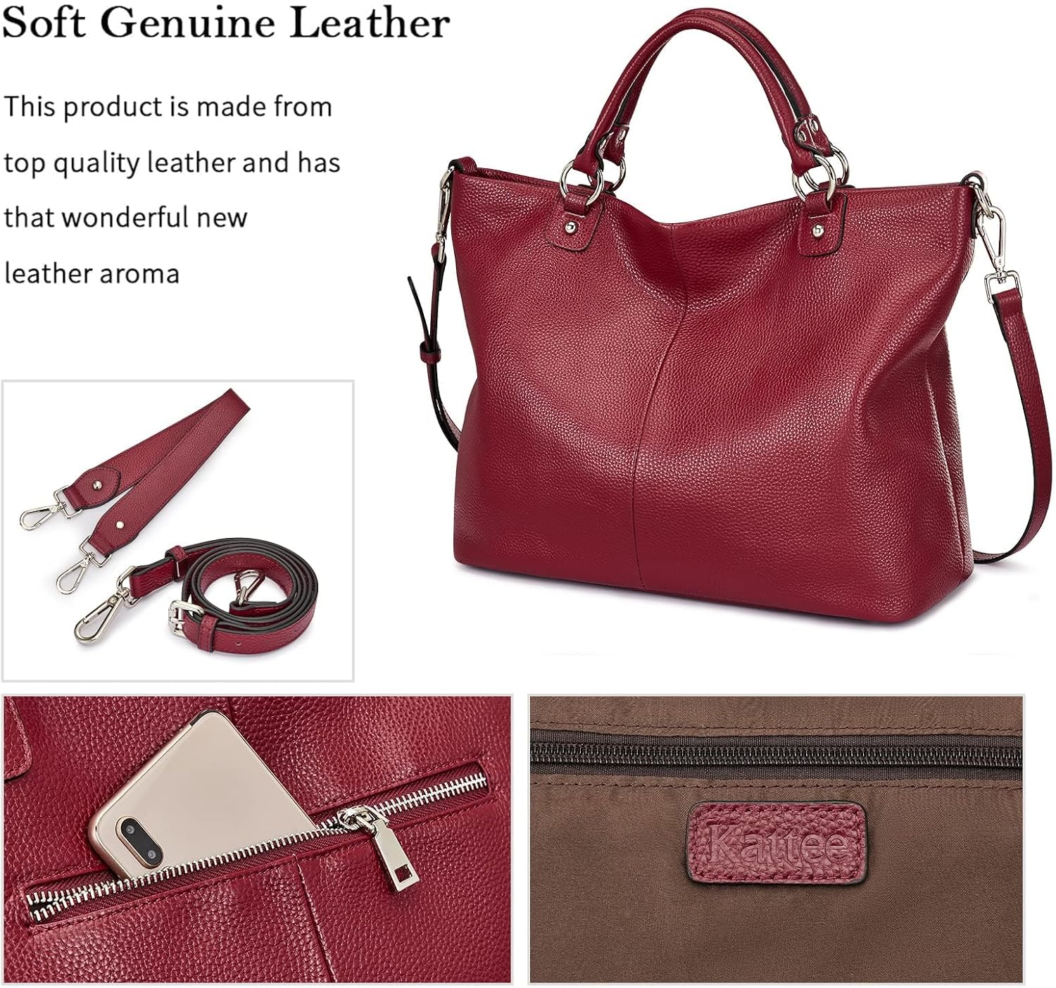 Kattee Genuine Leather Tote Purse for Women, Top Handle Satchel | Soft genuine leather tote with roomy storage and versatile carry for work, shopping, and travel.