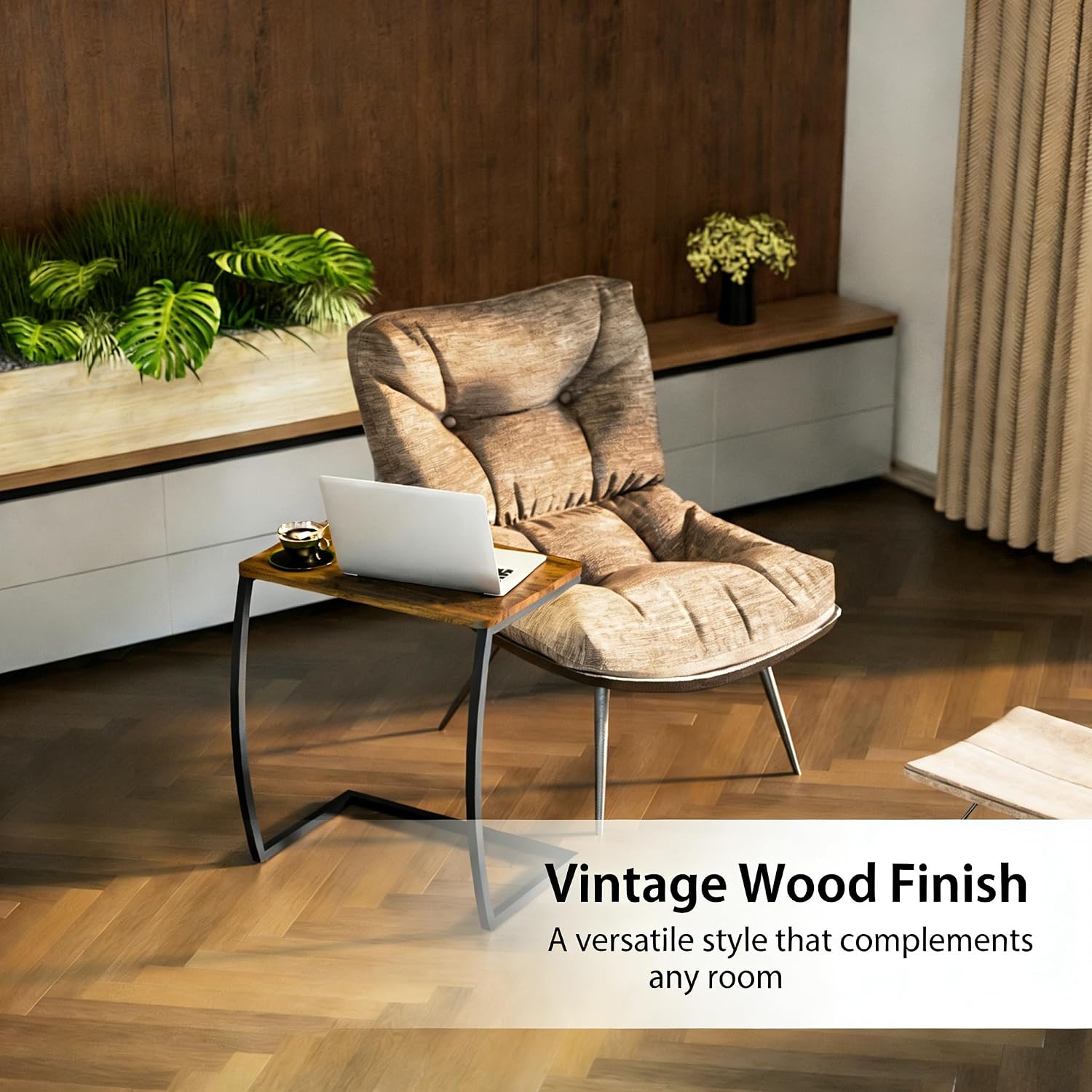 SRIWATANA Walnut C Shaped Side Table, Vintage End Table for Sofa Couch Bed