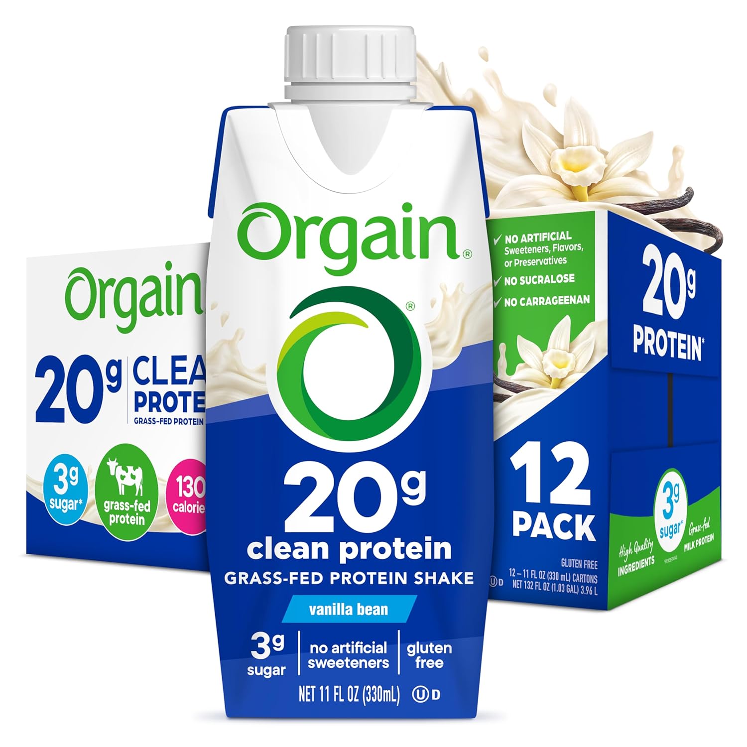 Orgain 20g Clean Grass Fed High Protein Shake, Vanilla, 11 oz, 12pk | Ready to drink dairy grass fed high protein, non-GMO, no soy ingredients, gluten-free, kosher, low net carbs