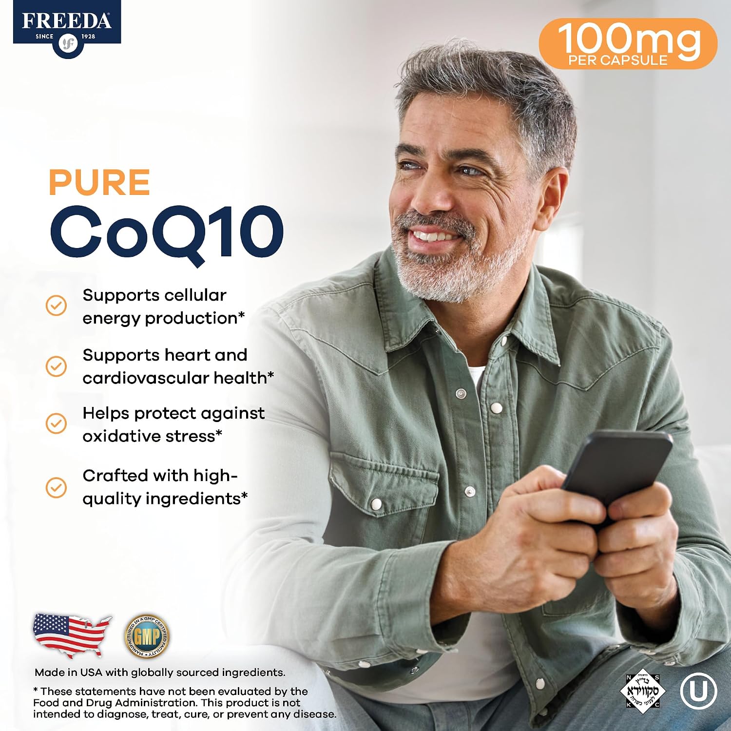 FREEDA CoQ10 100mg - Kosher Coenzyme Q10 Dietary Supplement for Cardiovascular Heart Health, Blood Pressure Support, Oral Gum Health