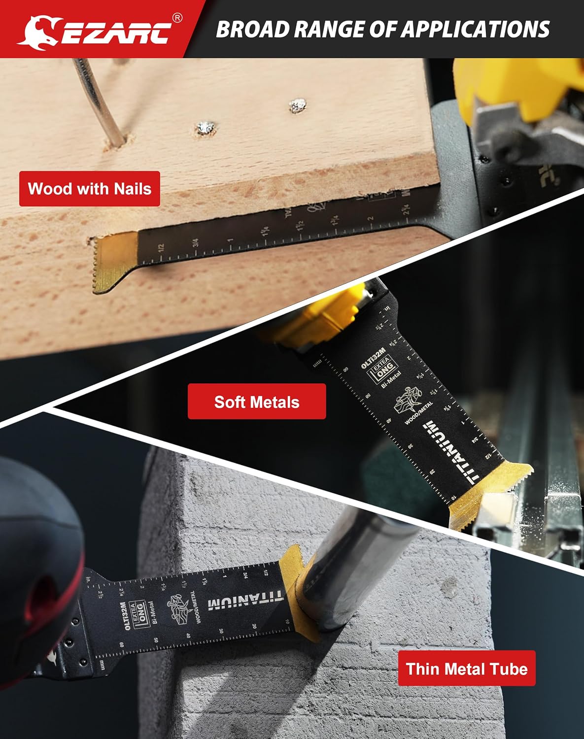 EZARC Titanium Oscillating Tool Blades, Oscillating Multitool Blades for Metal, Wood Nails, Screws Cutting, Plastic, 3 Pack