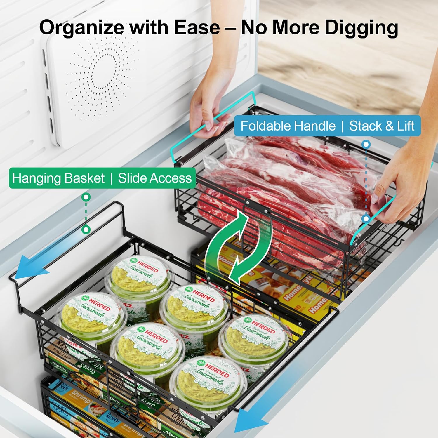 iSPECLE Freezer Organizer Bins - 2 Pack Expandable Freezer Bins for 10 to 20 Cu.Ft Chest Freezers