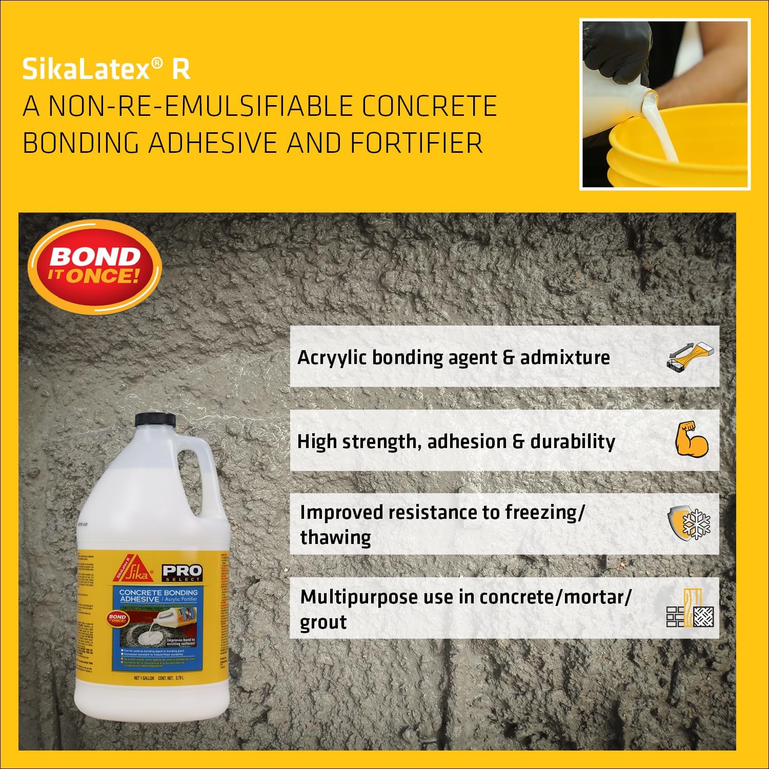 SIKA - SikaLatex R - Concrete Adhesive Glue, White - Admix for Portland-Cement Mortar/Concrete - Resistant to Freezing and thawing Damage - 1-Gallon (Pack of 1)