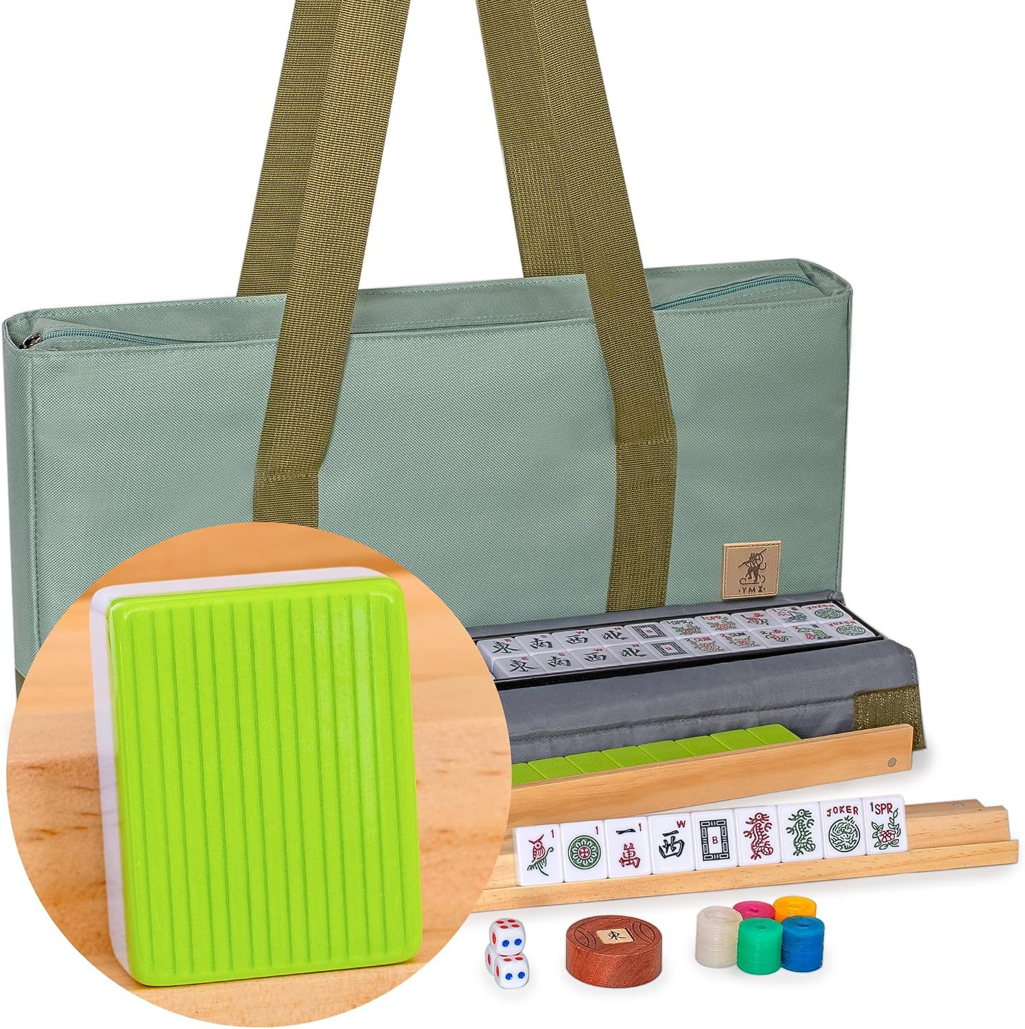 Yellow Mountain Imports American Mahjong Set, Mojave (Ivory) with Brown Soft Case, All-in-One Racks with Pushers, Wright Patterson Scoring Coins, Dice, & Wind Indicator