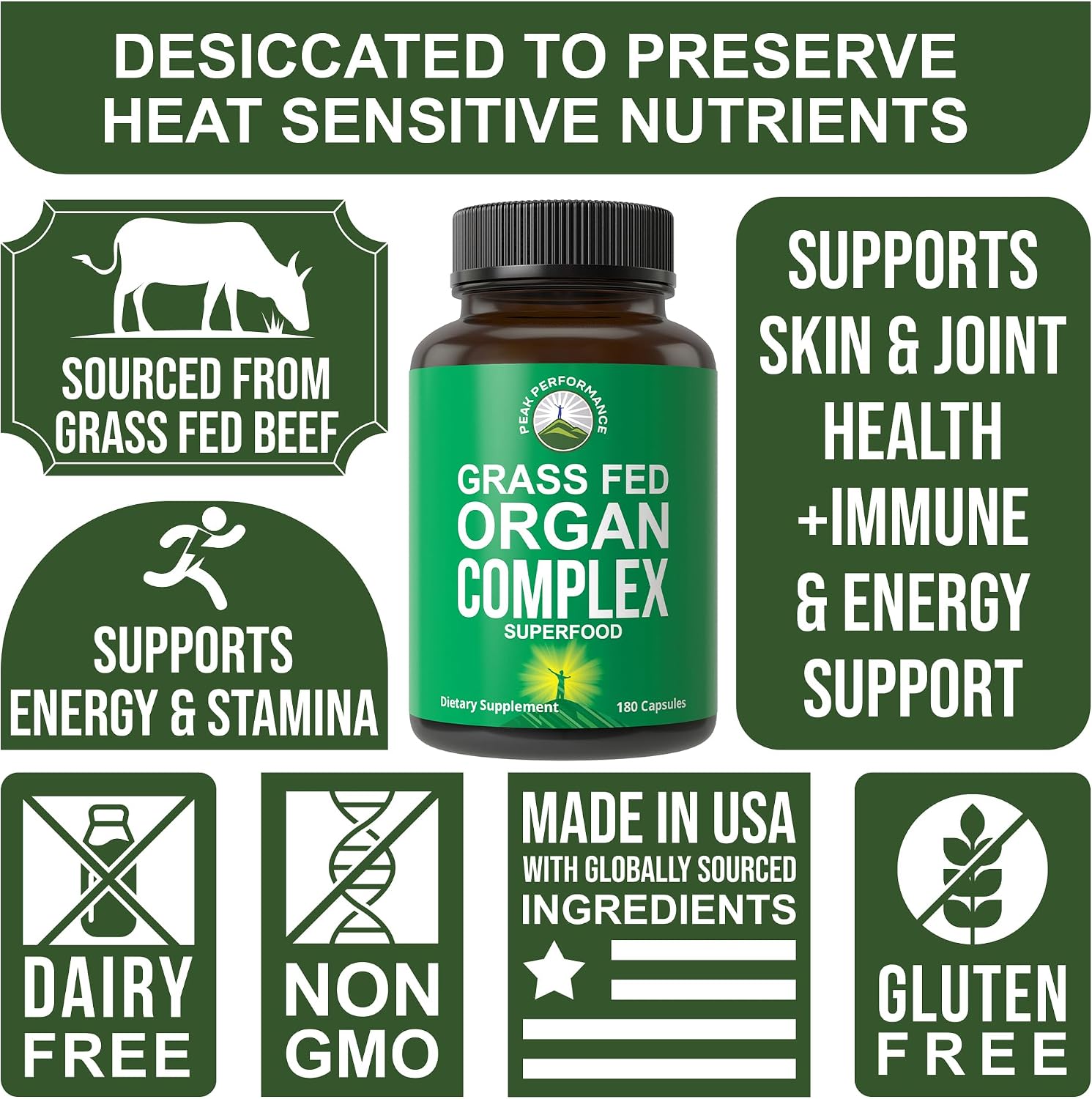 Peak Performance Grass Fed Beef Organ Complex Capsules from New Zealand