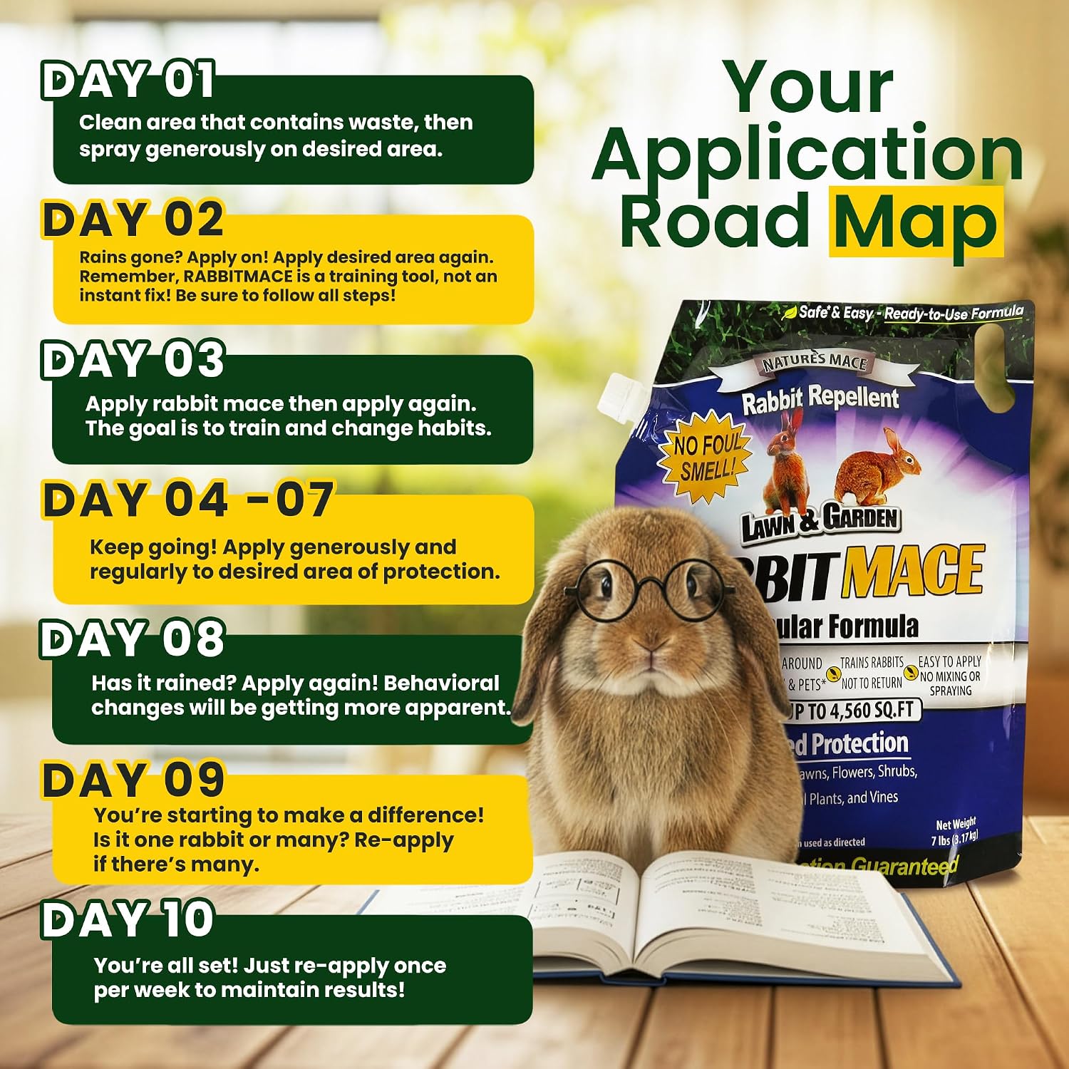 Nature's MACE Rabbit Mace Rabbit Repellent 3 lb Granules | Gardens, Lawns, Farms & Landscapes, Treats 1,350 sq ft, Granular Deterrent, All-Season Use, Safe for Pets, Children, Plants.