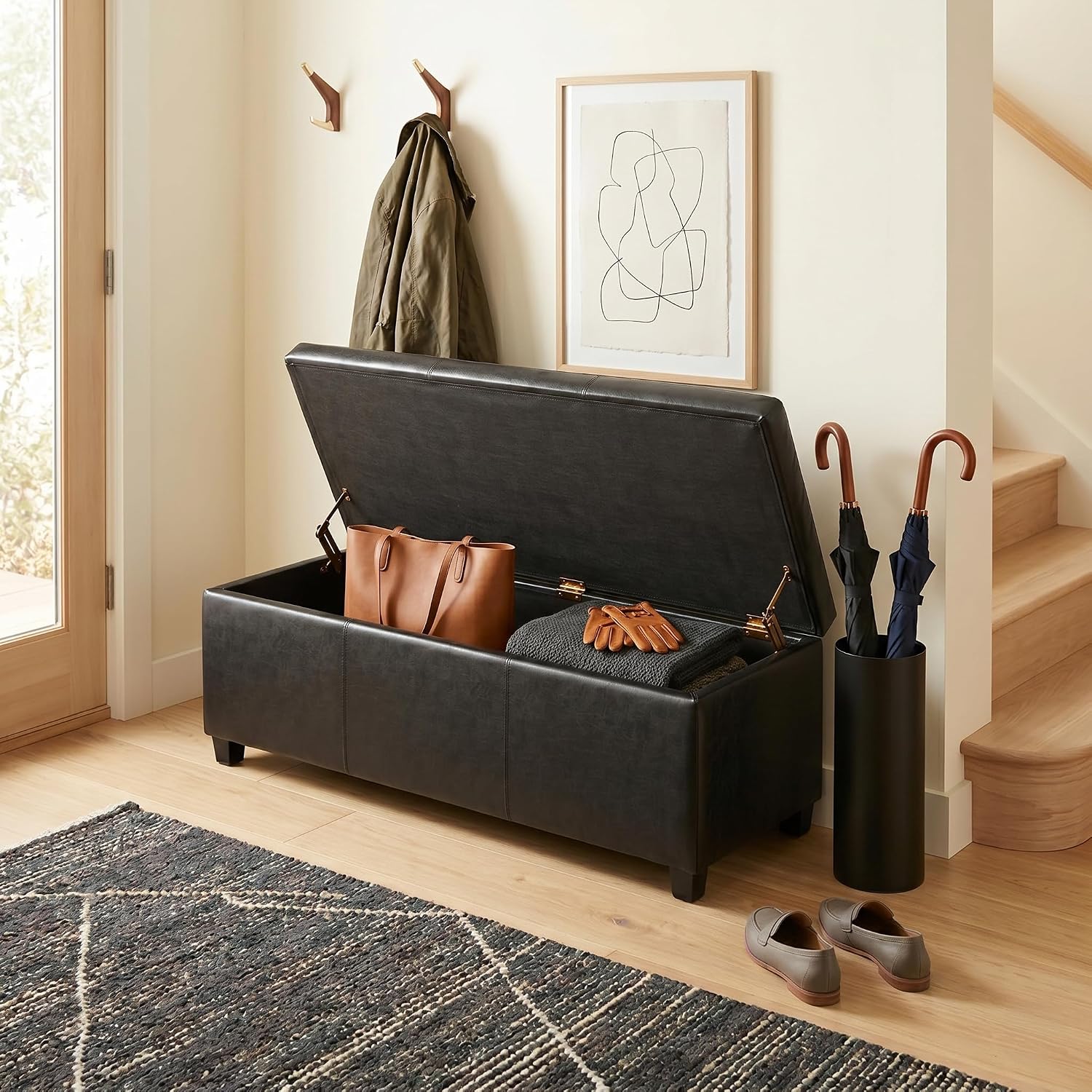 SIMPLIHOME Avalon 48" Wide Vegan Leather Storage Ottoman in Brown