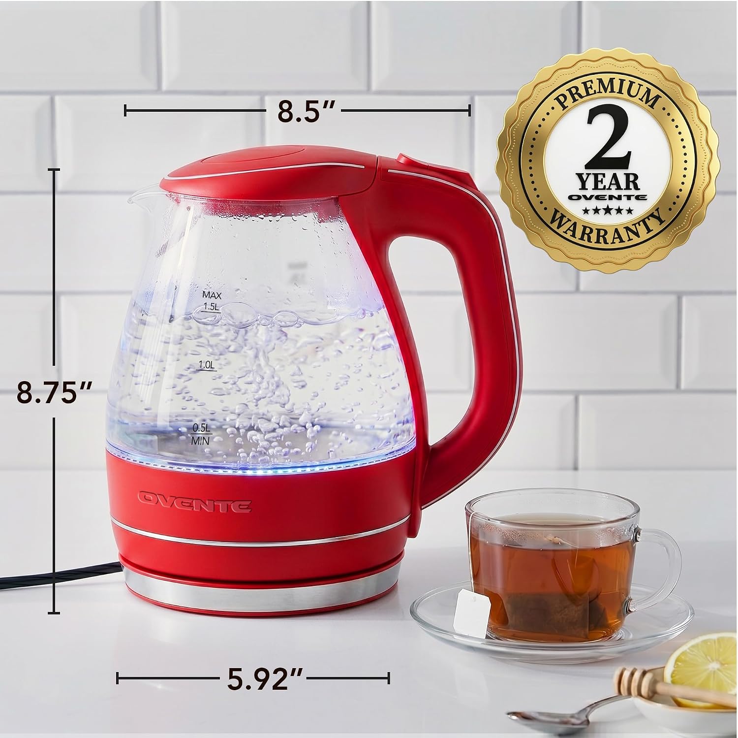 OVENTE 1.5L Glass Electric Kettle Water Boiler, Black KG83B | 1100W Fast Boiling, Borosilicate Glass, BPA-Free, Blue LED, Auto Shut-Off, Boil-Dry Protection, Removable Filter, 360° Base