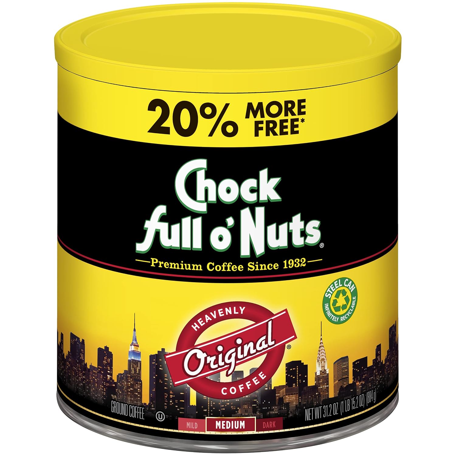 Chock Full o' Nuts French Roast Ground Coffee – Premium Beans in Recyclable Steel Can – Rich Flavor & Aroma, Dark Roast – Perfect for Drip, Pour-Over, Percolator – 26 Oz Can