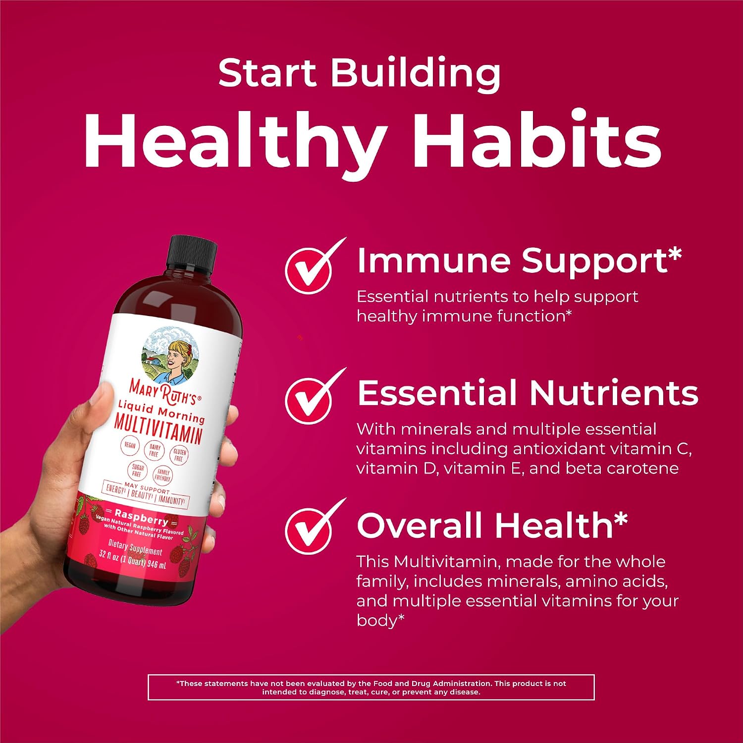 MARYRUTH'S Liquid Morning Multivitamin for Women, Men & Kids, 32 Servings | Vitamin A C D E B6 B12 Biotin Zinc, Beauty, Vegan, Non-GMO, Gluten Free