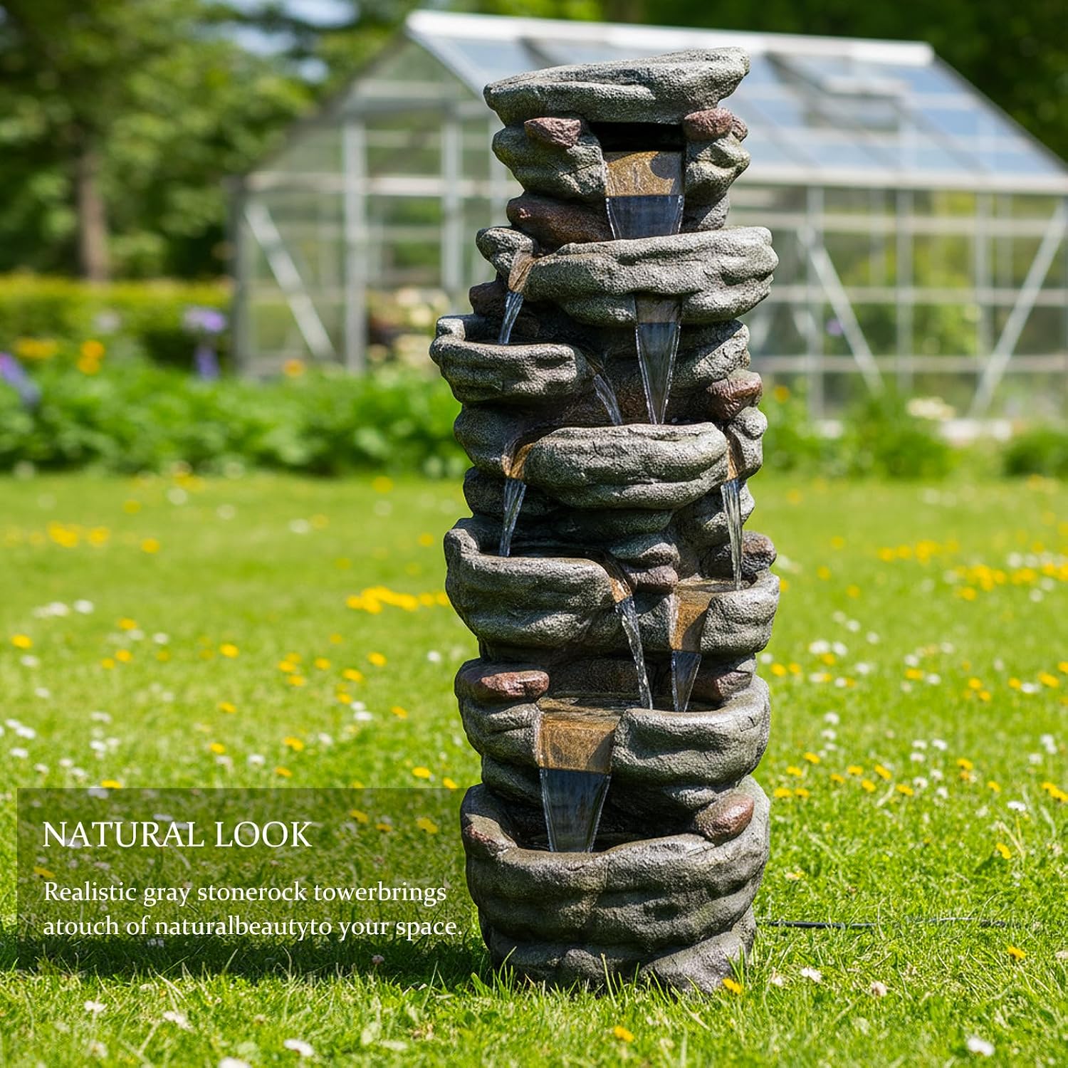SunJet 40.5” High Rocks Outdoor Water Fountain - 6-Tiers Cascading Waterfall with LED Lights, Soothing Tranquility for Home Garden, Yard Decor