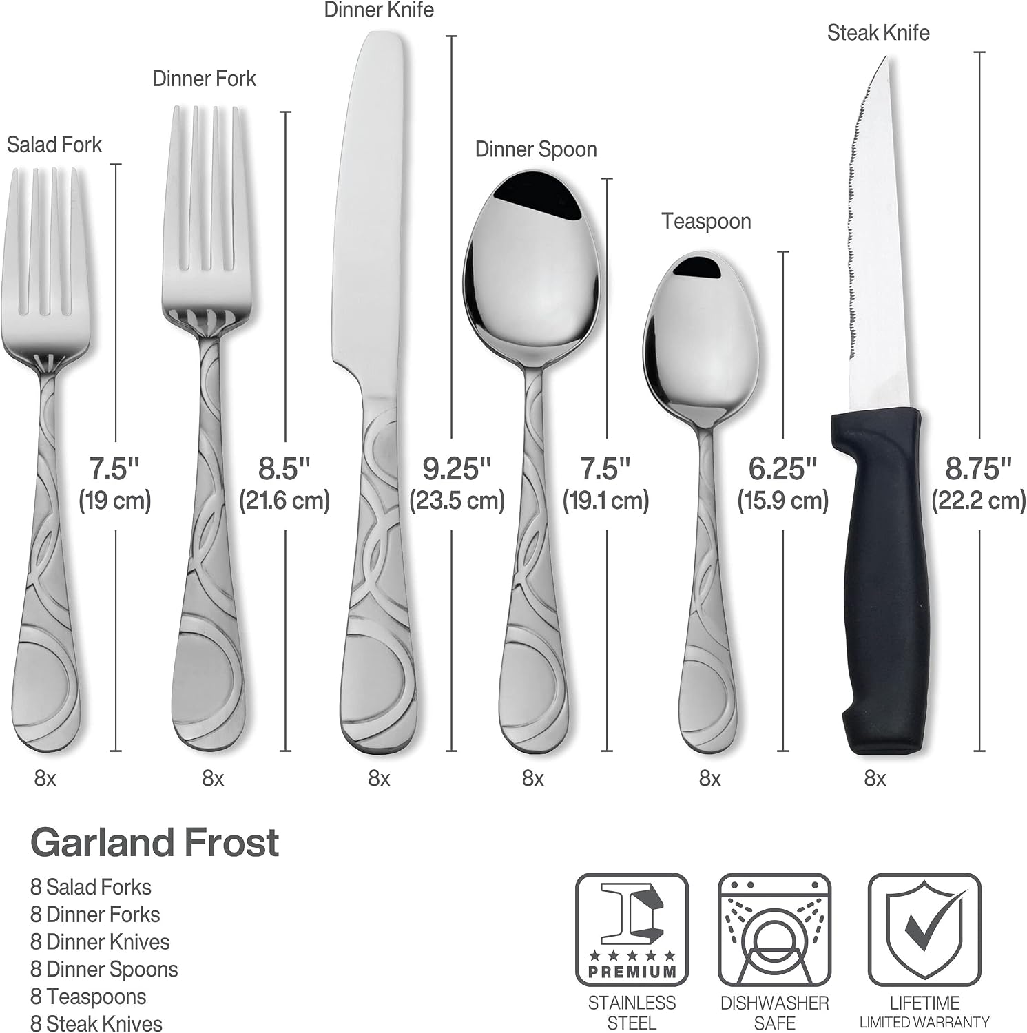 Pfaltzgraff Frost 53-Piece Flatware Set, 18/0 Stainless Steel Silverware Set for 8 with Steak Knives, Serving Pieces, Dishwasher Safe