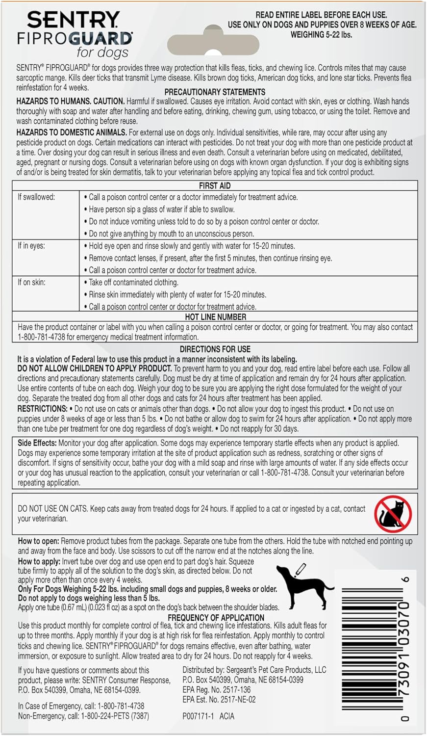 Sentry Fiproguard for Dogs, Flea and Tick Prevention for Dogs (23-44 Pounds), Includes 3 Month Supply of Topical Flea Treatments | Ideal for Medium Dogs 23-44 lbs; Kills Fleas, Ticks & Chewing Lice for 30 Days; 8 weeks+; Vet-Quality OTC Formula