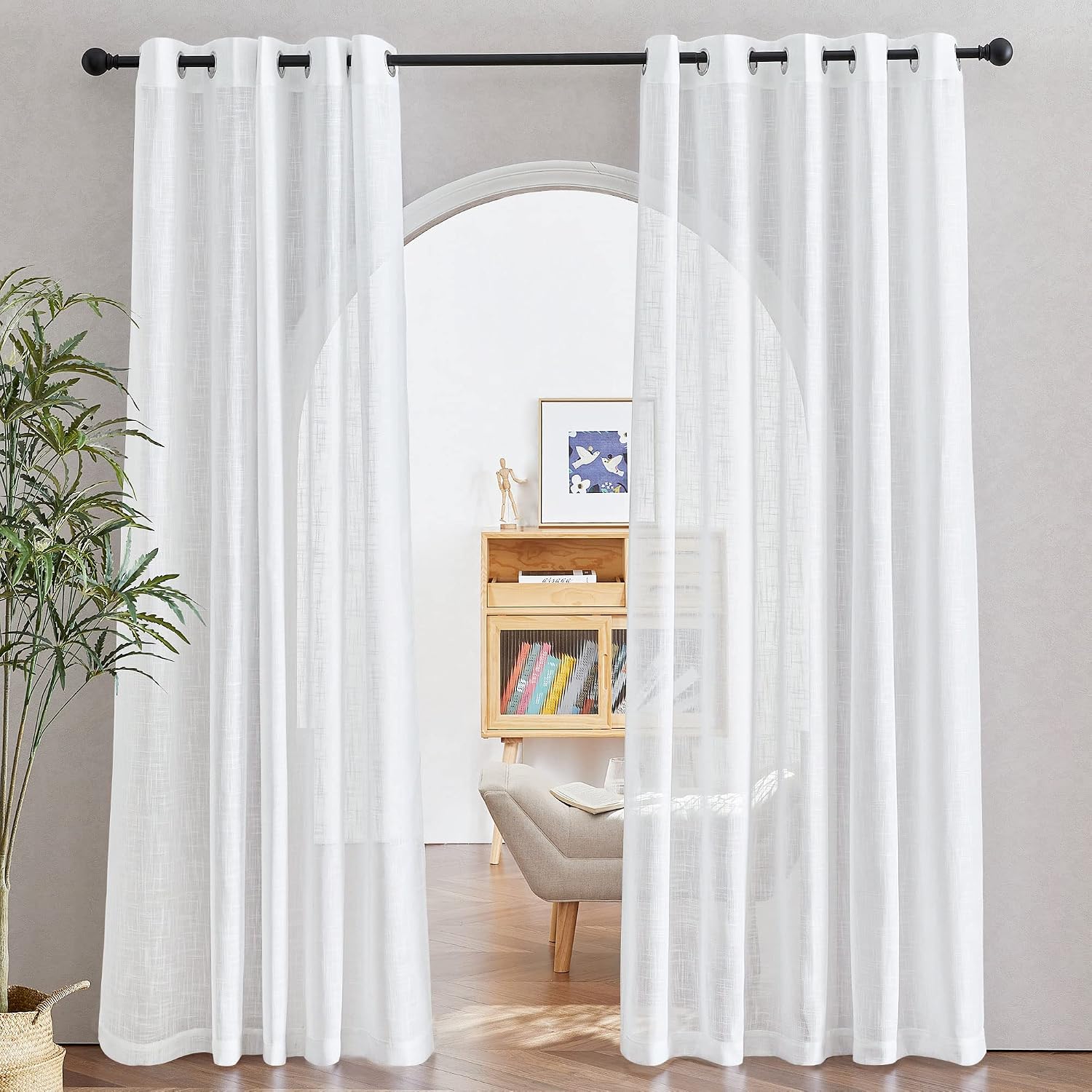 NICETOWN Linen Curtains White Semi Sheer 72 inch Long for Windows, Privacy with Light Filtering Grommet Top Window Treatments for Bedroom/Living Room
