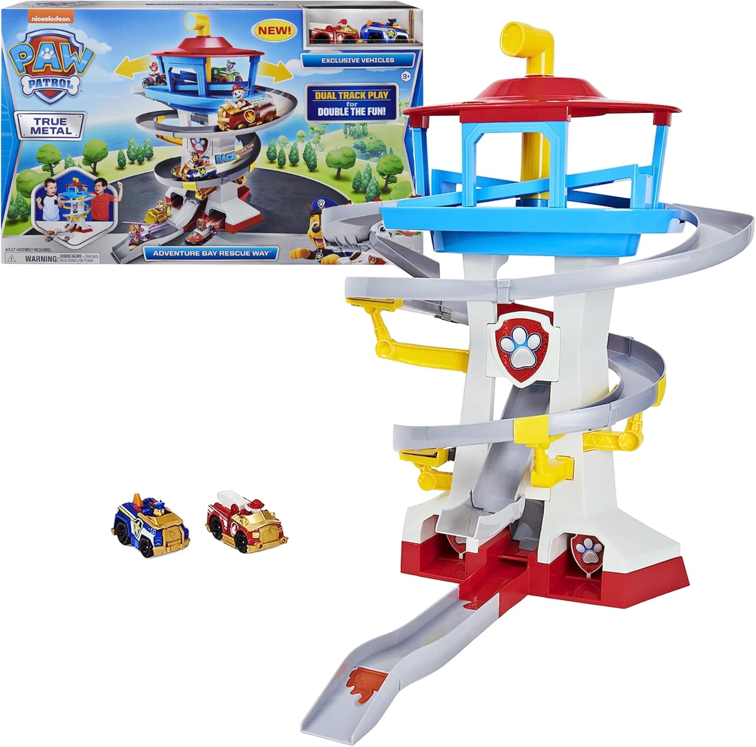 Paw Patrol Adventure Bay Lookout Tower Playset With 2 Die-Cast 1:55 Vehicles (Chase and Marshall): Twin Track Rescue Way 25 Pc Set With Launching