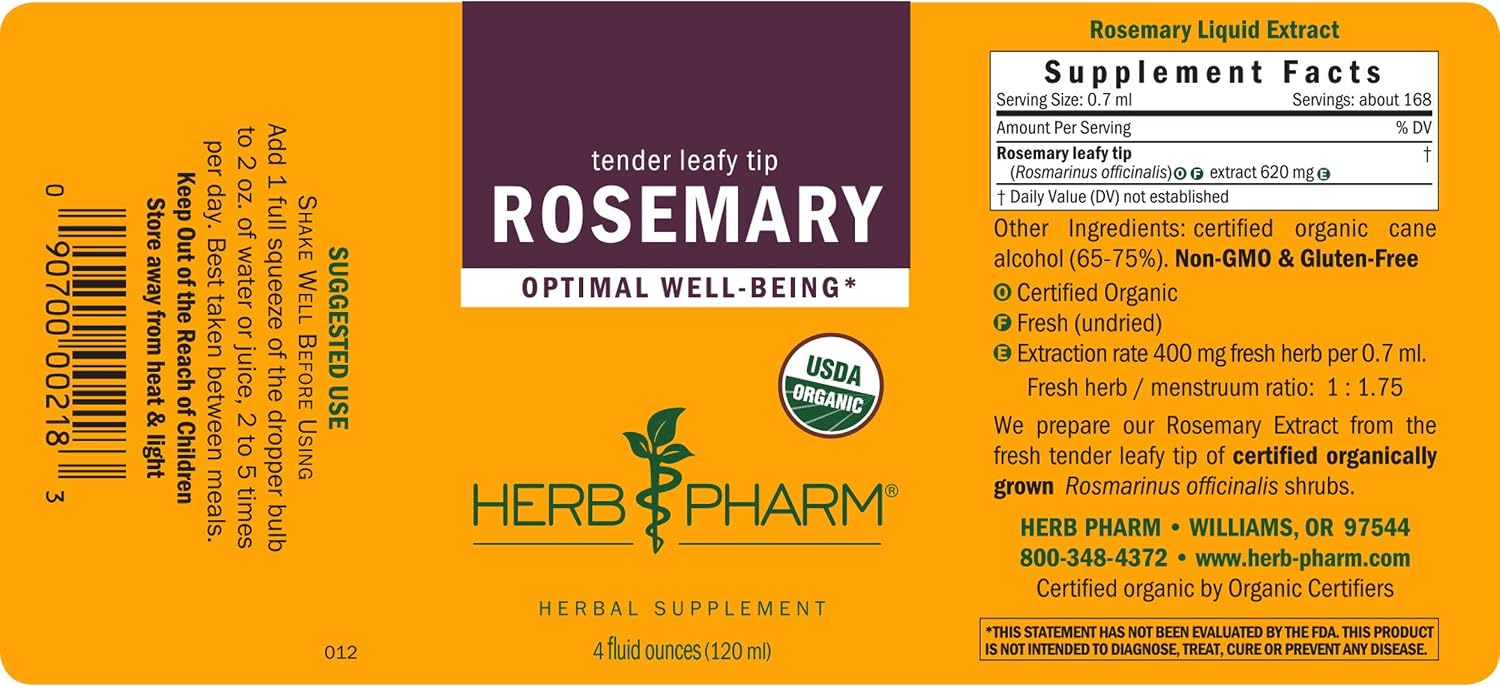 Herb Pharm Rosemary Liquid Herbal Extract: Organic Traditional Cognitive Support, for Memory & Alertness, Circulatory Support, Gluten-Free, Non-GMO
