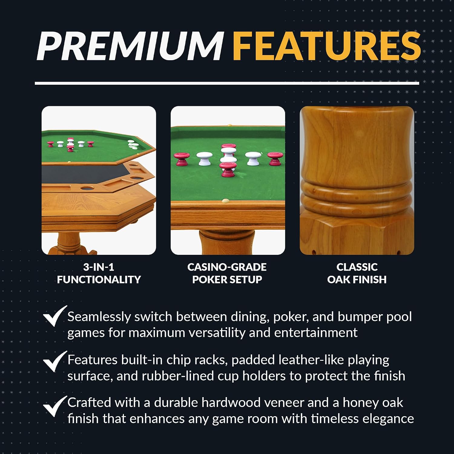 Hathaway Kingston 3 in 1 Octagon Poker Table, Dining & Bumper Pool Table for Game Rooms - Durable Hardwood, Sturdy Legs