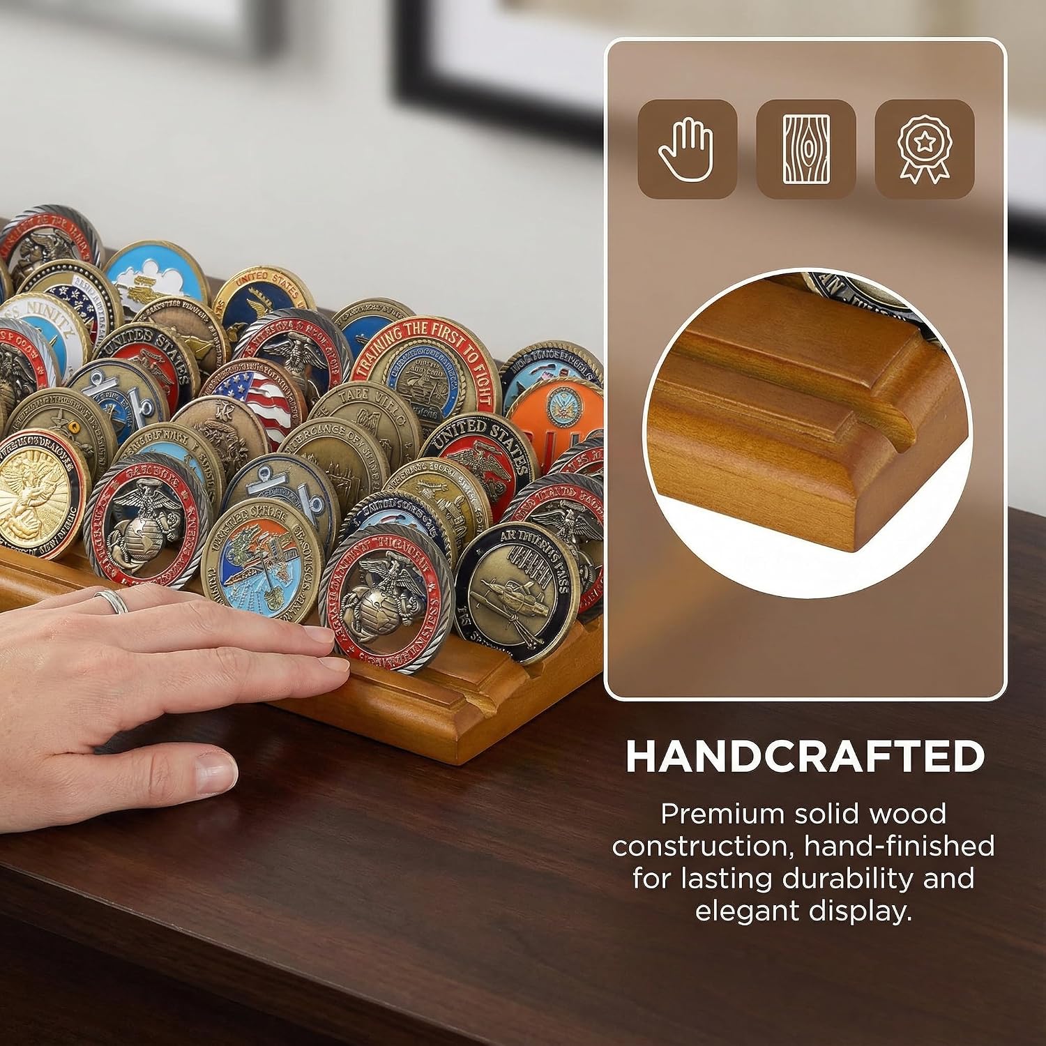 DisplayGifts Challenge Coin Display Stand 4 Row Wooden Holder Rack Case Holds 28 Coins Walnut Finish