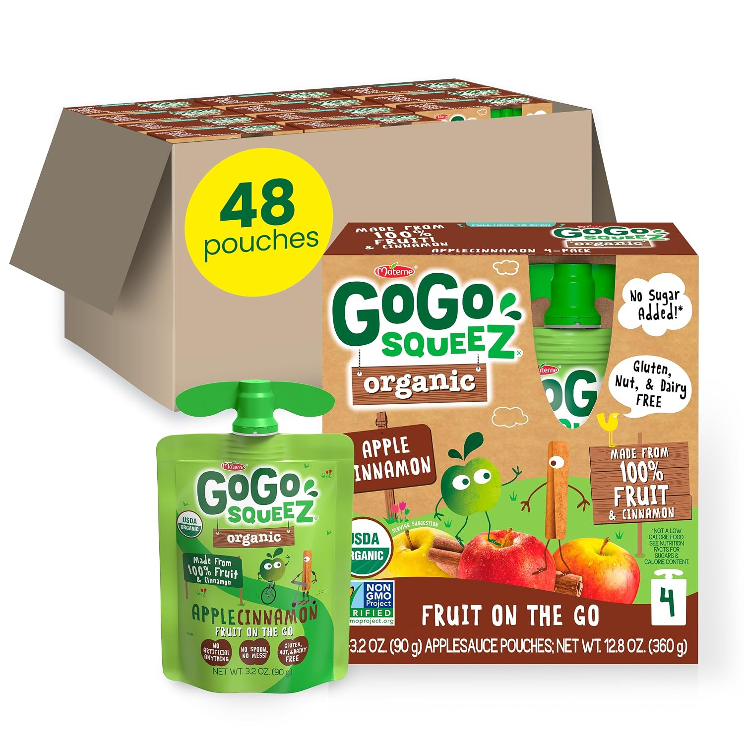 GoGo squeeZ No Sugar Added Organic Applesauce, Apple Apple, 48 Count | Kids on the go fruit snack made with applesauce & fruit puree; 3.2 oz pouches, gluten and nut free, recloseable cap, BPA-free