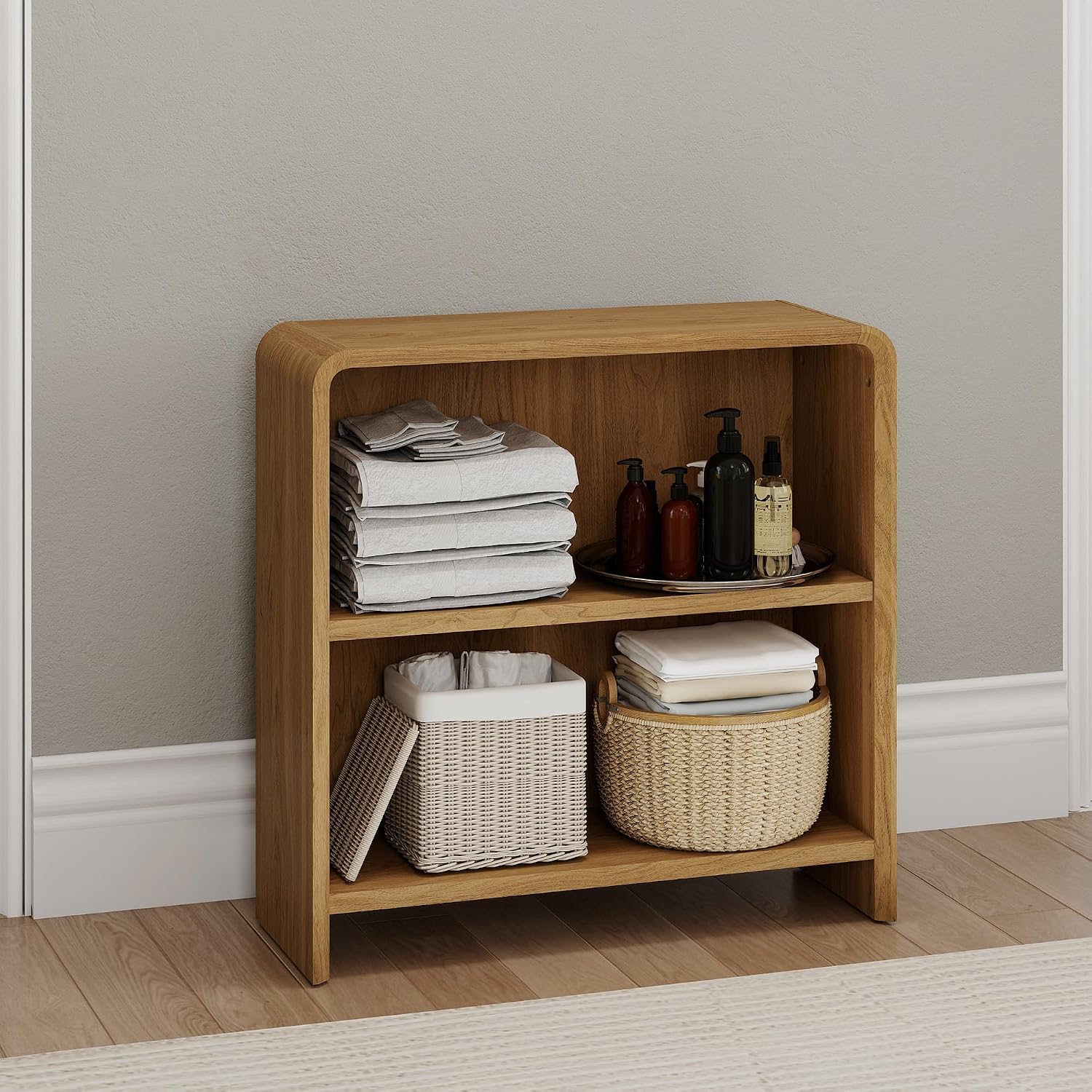 Bevfint 44" Bookcase Tall 3 Shelves Wood Bookshelf with Curved Soft Edges, Heavy Duty Storage Cabinet for Professional Home Office and Living Room, Modern Natural Oak Grain Finish
