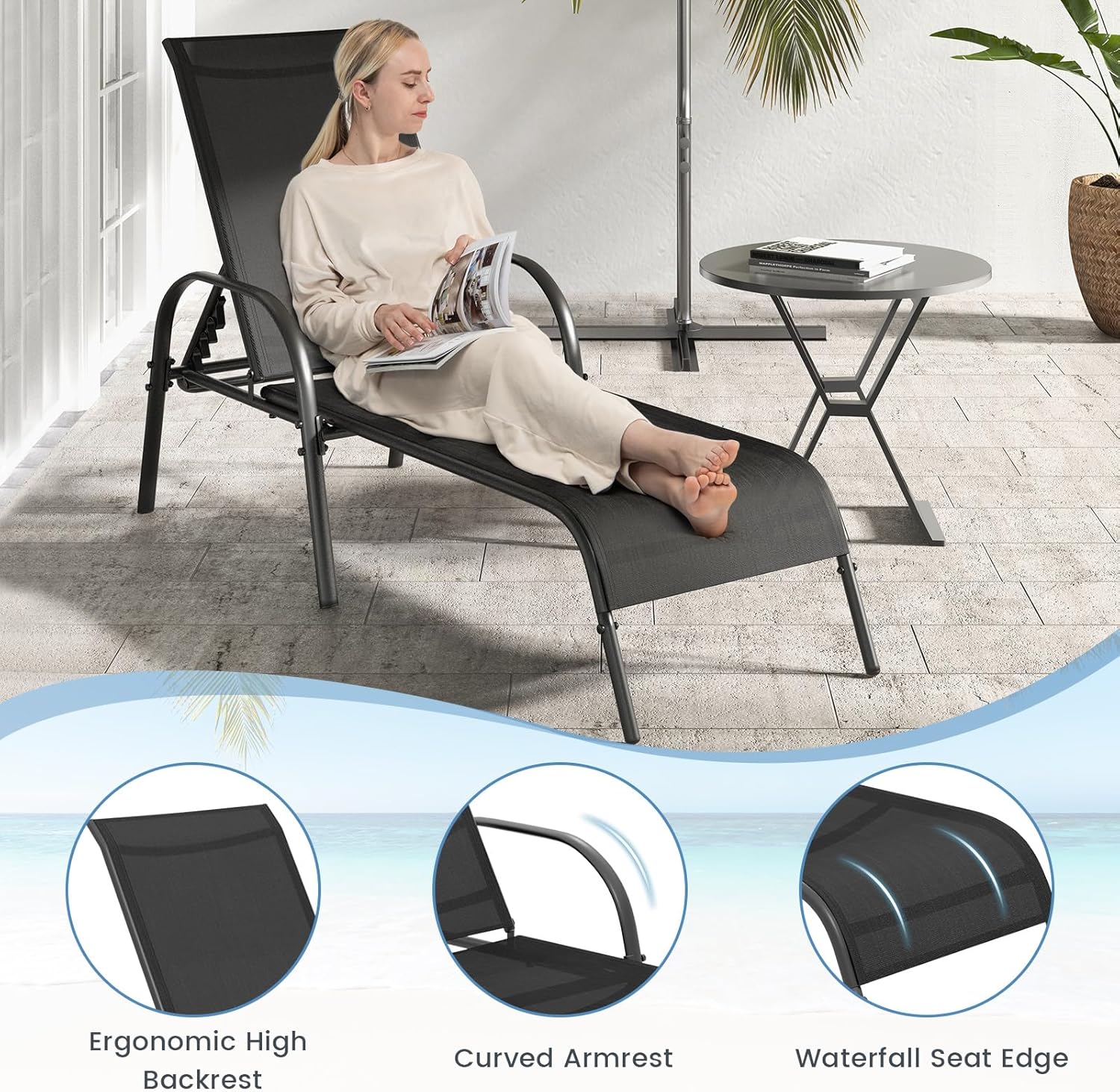 GIANTEX 2 Pack Patio Lounge Chair with 5 Adjustable Backrest, Black