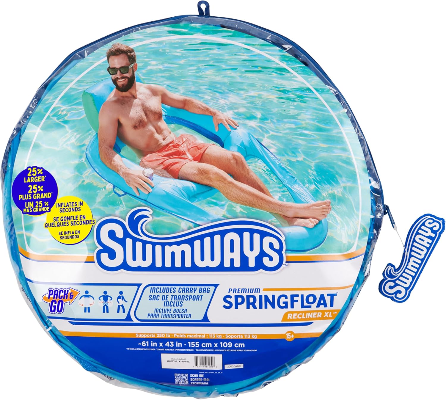 SwimWays Spring Float Recliner Chair for Swimming Pool, Inflatable Pool Floats Adult with Fast Inflation, Cup Holder & Foot Rest for Ages 15 & Up