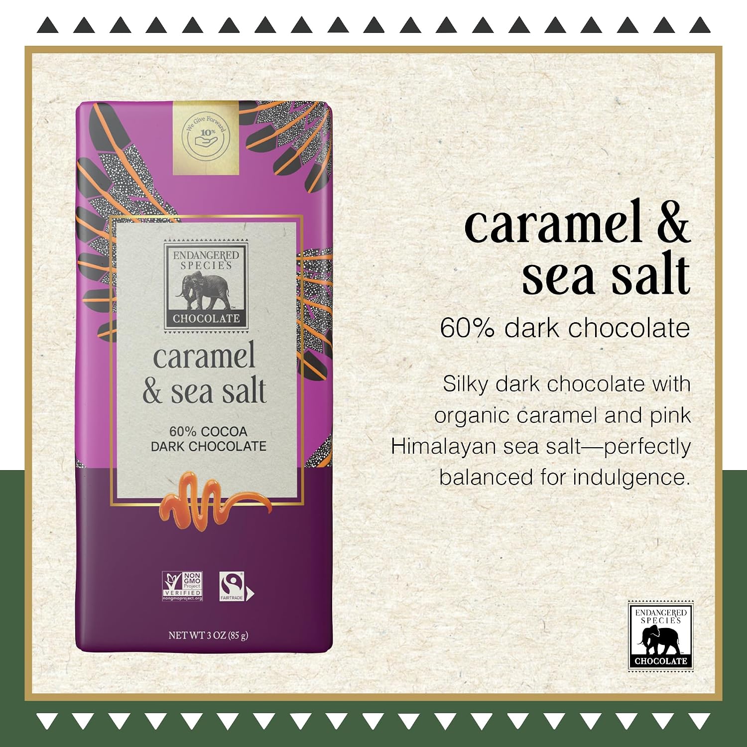 Dark Chocolate with Caramel & Sea Salt (60% cocoa) | Rich 60% dark chocolate with caramel and sea salt for a perfect balance of sweet, salty, and bold cocoa.
