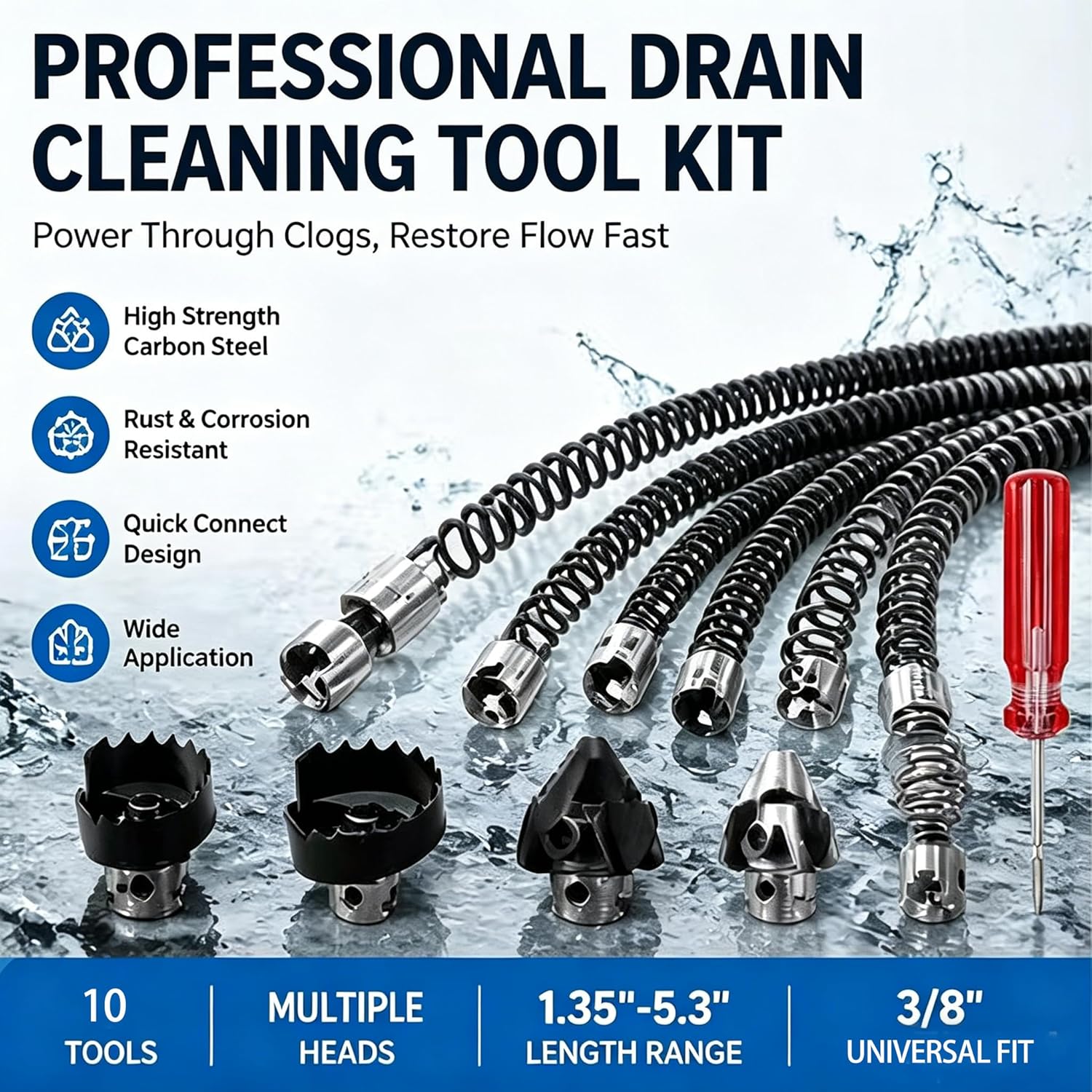10Pcs Drain Snake Drill Attachment， Drain Auger Cutter Kit, Fit K-400 C-4 C-6 C-7 C-8 C-9 Cleaning Machines
