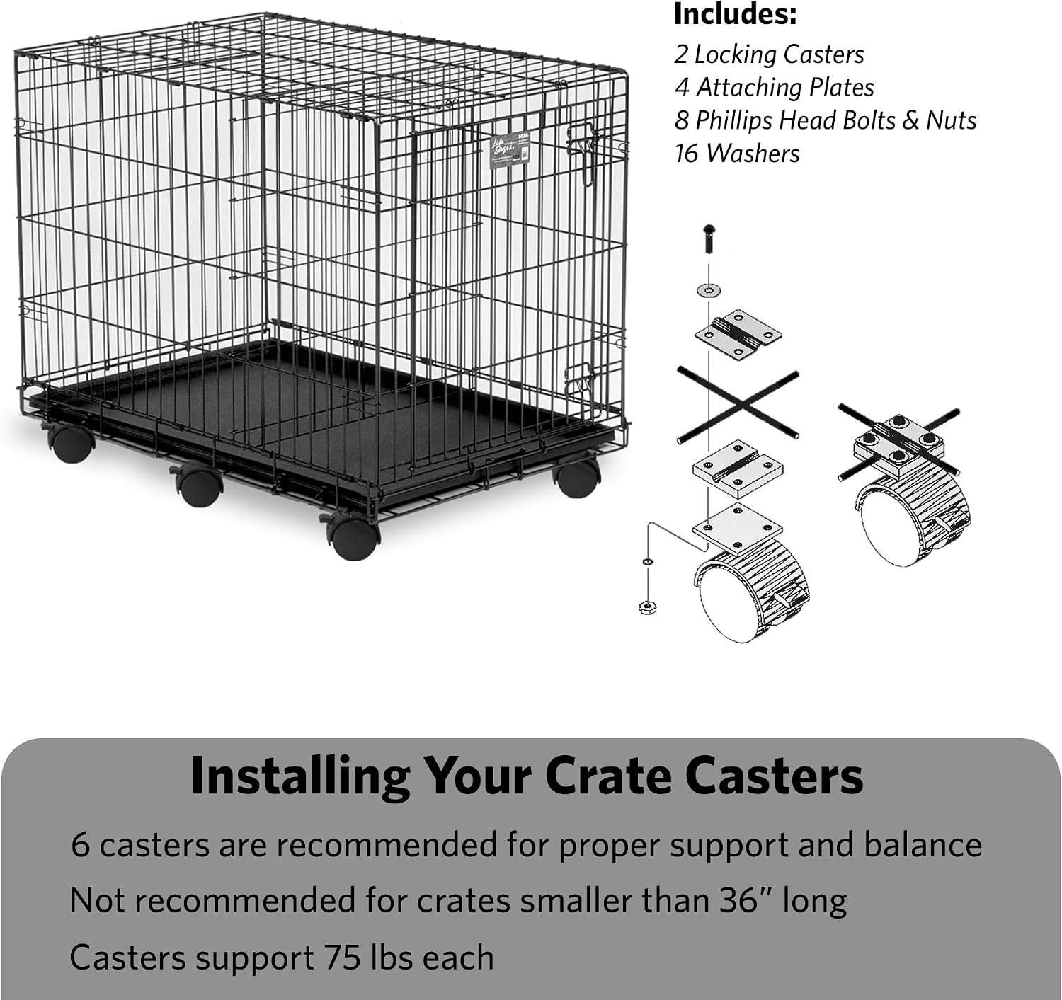 MidWest Homes for Pets Universal Dog Crate Casters, Easy Roll, Safety Locks, Pack of 2 Wheels