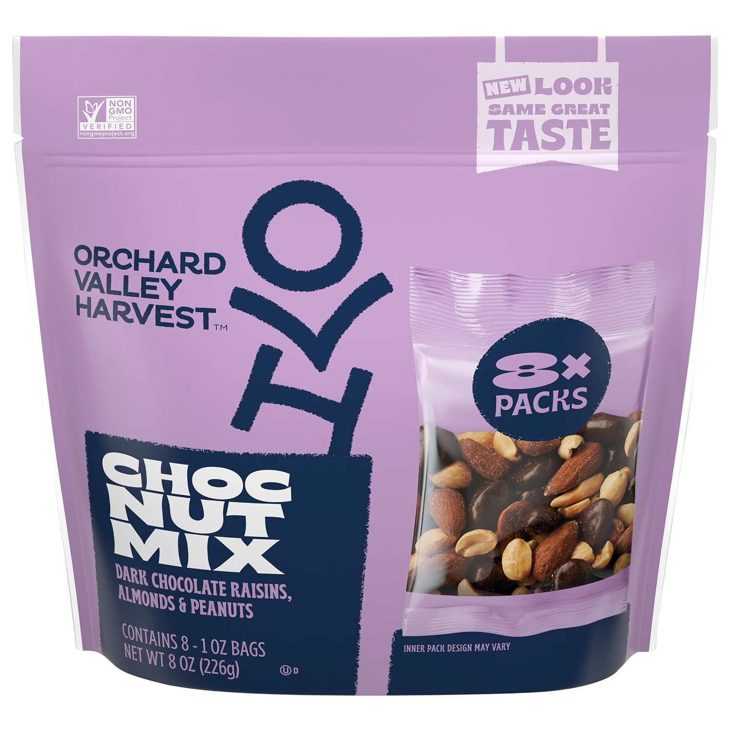Orchard Valley Harvest Choc Nut Mix Multipack, 1 oz, Pack of 8 | Dark Chocolate Raisins, Almonds & Peanuts, Gluten Free, Stand Up Bag, Non-GMO, 4g Plant Protein, On-The-Go Snack